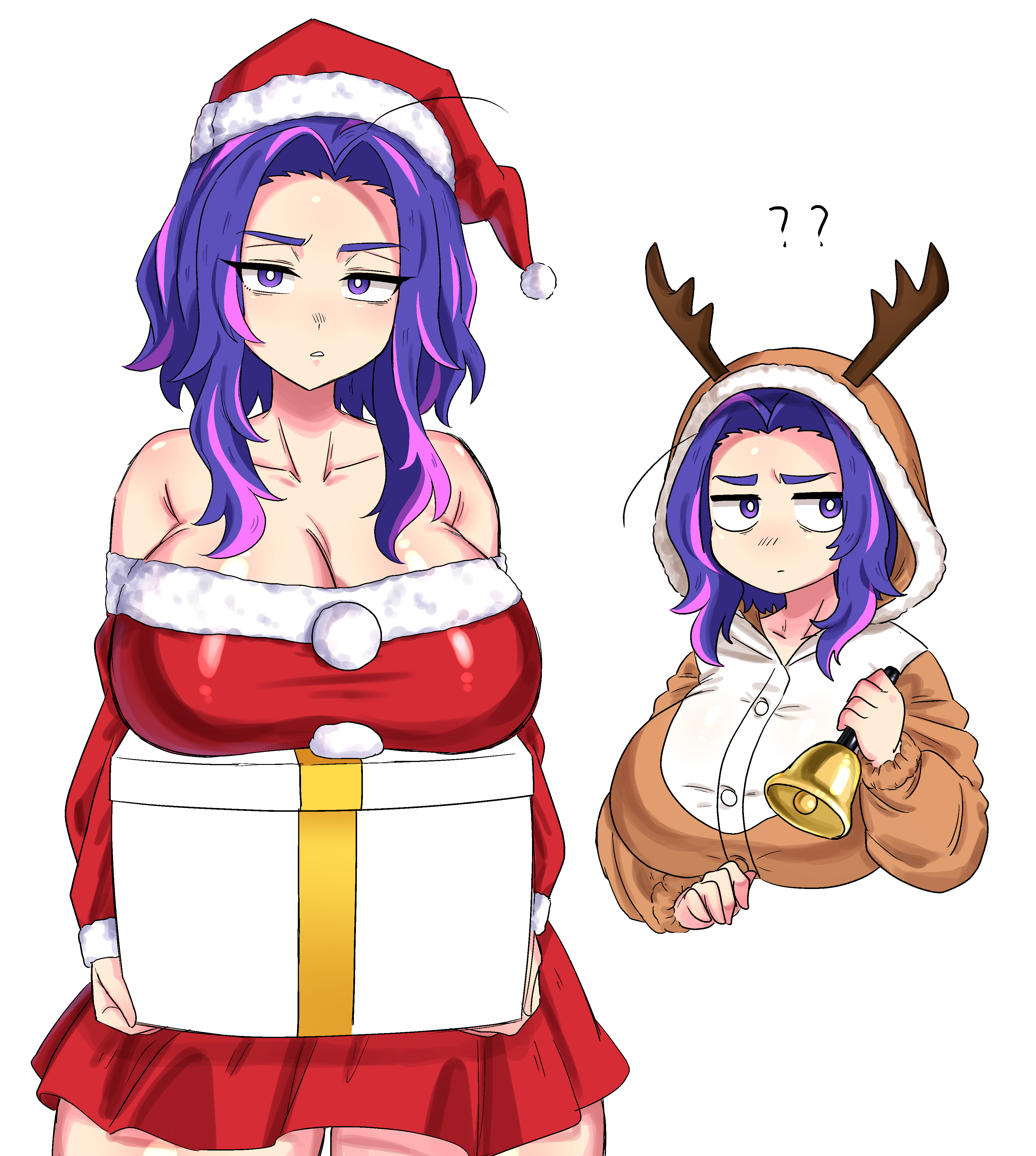 1girls, ahoge, bell, big breasts, blue hair, blush, boku no hero academia, box, breasts, christmas, cleavage, edgj, female, female only, gift, gift box, hat, huge breasts, kaina tsutsumi, lady nagant, large breasts, merry christmas, my hero academia, purple eyes, purple hair, reindeer antlers, santa costume, santa hat, tsutsumi kaina
