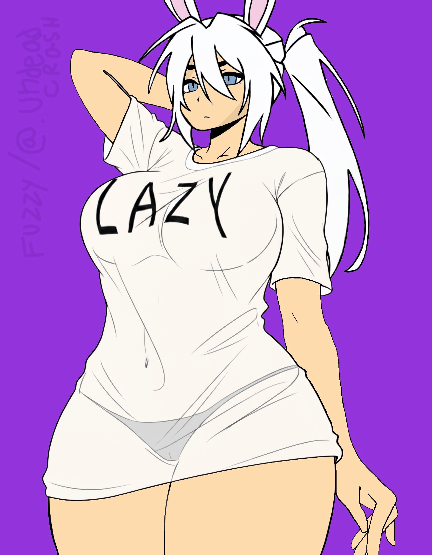 1girls, bellybutton, big thighs, black panties, blue eyes, bunny ears, cameltoe, girl, hand on head, low-angle view, oc, panties, purple background, roblox, robloxian, see-through shirt, self upload, text on clothing, undeadcrash, watermark, white hair