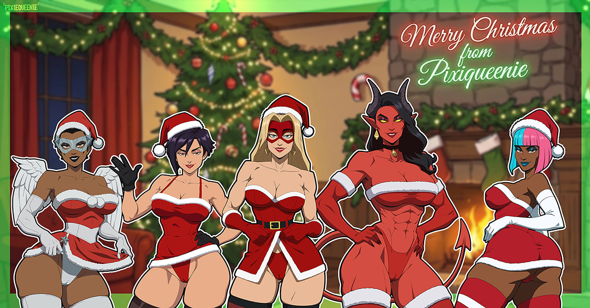 5girls, alice (dispatch), ass, big ass, big breasts, big thighs, blonde blazer, blue hair, breasts, bust, busty, chest, christmas, christmas clothing, christmas decorations, christmas hat, christmas headwear, christmas lights, christmas ornaments, christmas outfit, christmas tree, coupe, courtney (dispatch), curvaceous, curvy, curvy figure, dark skin, dark-skinned female, demon, demon girl, demoness, digital media (artwork), dispatch (game), female, female only, half demon, half-demon, hips, hourglass figure, huge ass, huge breasts, huge thighs, invisigal, janelle (dispatch), large ass, large breasts, large thighs, legs, light skin, light-skinned female, malevola gibb, mandy (dispatch), mature, mature female, multicolored hair, multiple girls, pink hair, pixiqueenie, prism, red body, red skin, red-skinned female, slim waist, straight, take your pick, tan body, tan skin, tan-skinned female, thick, thick hips, thick legs, thick thighs, thighs, tinted eyewear, tomboy, voluptuous, waist, wide hips, wide thighs