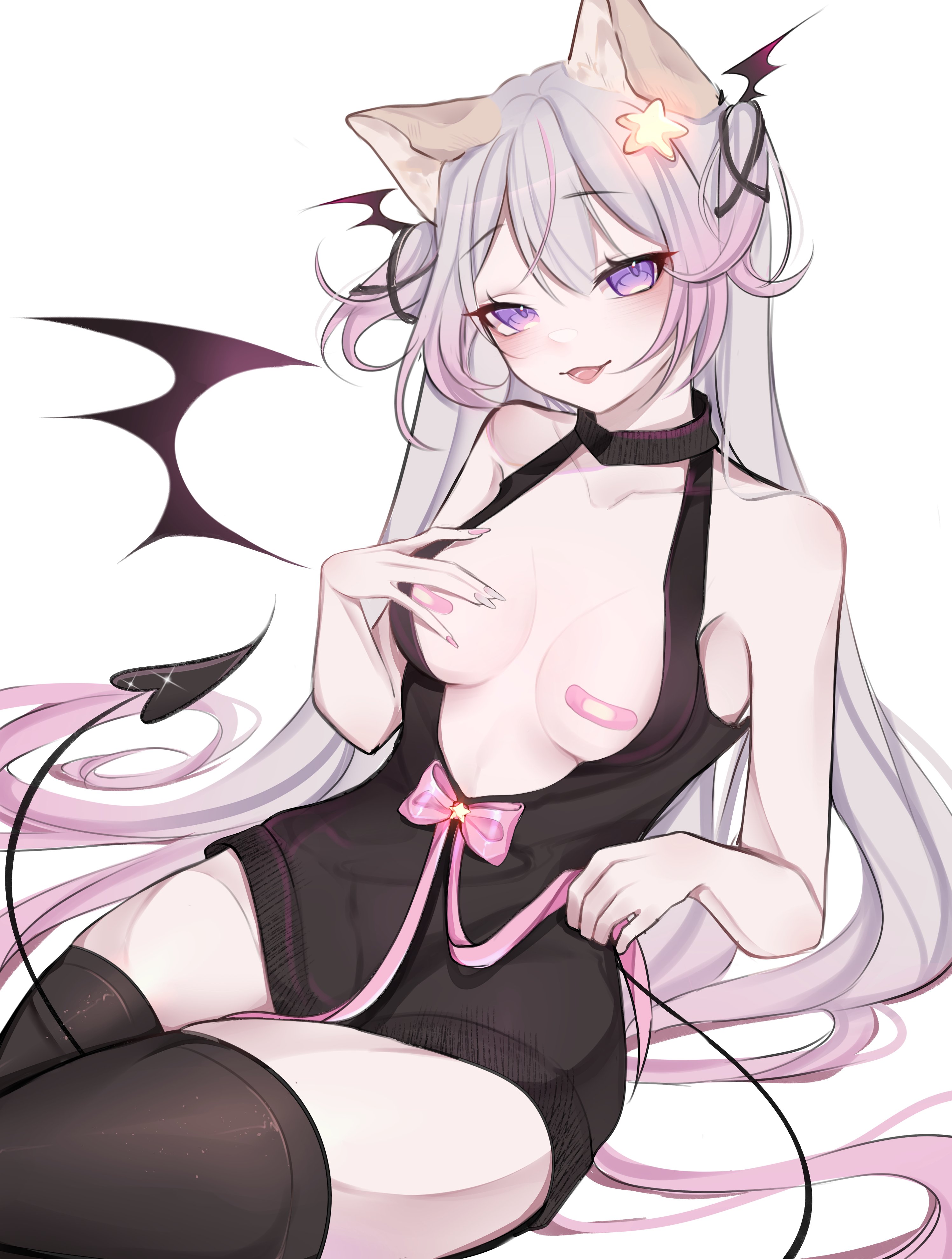 absurdres, animal ears, annytf, bandaid, bandaids on nipples, black dress, black thighhighs, bow, breasts, breasts apart, commentary, cowboy shot, demon girl, demon tail, demon wings, double-parted bangs, dress, female, fingernails, fox ears, fox girl, grey hair, hair ornament, hand on own chest, head wings, highres, indie virtual youtuber, long hair, looking at viewer, medium breasts, multicolored hair, nail polish, open mouth, pasties, pink bow, pink nails, pink streaks, purple eyes, revealing clothes, rosheil, simple background, sitting, smile, solo, star (symbol), star hair ornament, streaked hair, tail, thighhighs, two side up, virtual youtuber, white background, wings