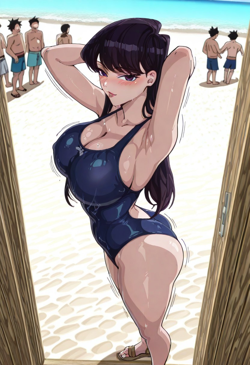 ai generated, beach, big breasts, black hair, breasts, day, female, girl, gode777ai, komi can't communicate, komi shouko, komi-san wa komyushou desu, long hair, sea, standing, swimsuit