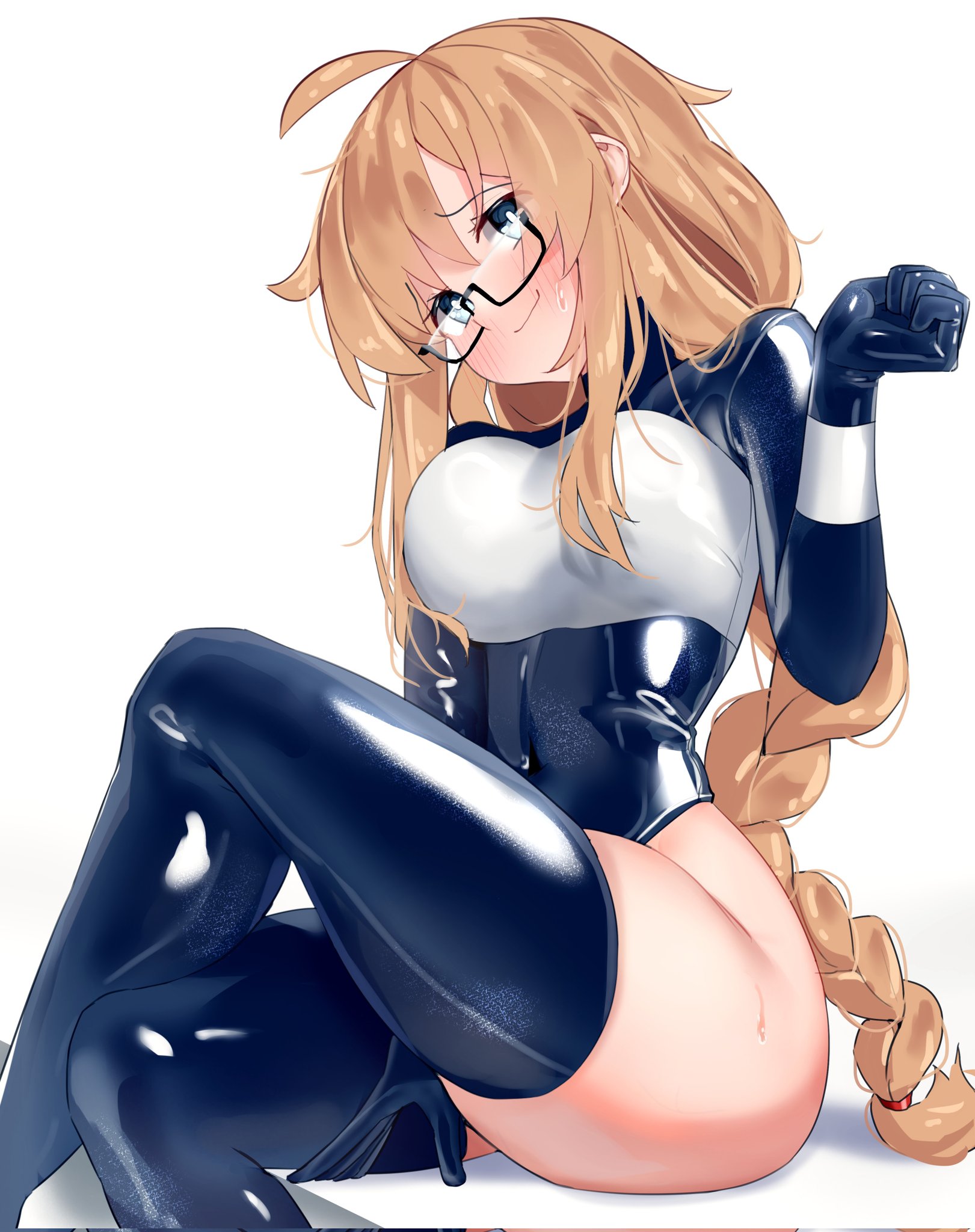 1girls, ahoge, ass, bare hips, black thighhighs, blonde hair, blue eyes, blush, braid, braided ponytail, curvy, female, female only, glasses, gloves, highres, hip focus, hips, indie virtual youtuber, latex, latex clothing, latex gloves, latex leotard, latex stockings, latex thighhighs, leotard, maguro27, shiny clothes, stockings, sweat, thick, thick ass, thick thighs, thighhighs, thighs, virtual youtuber, vtuber, whiskey project
