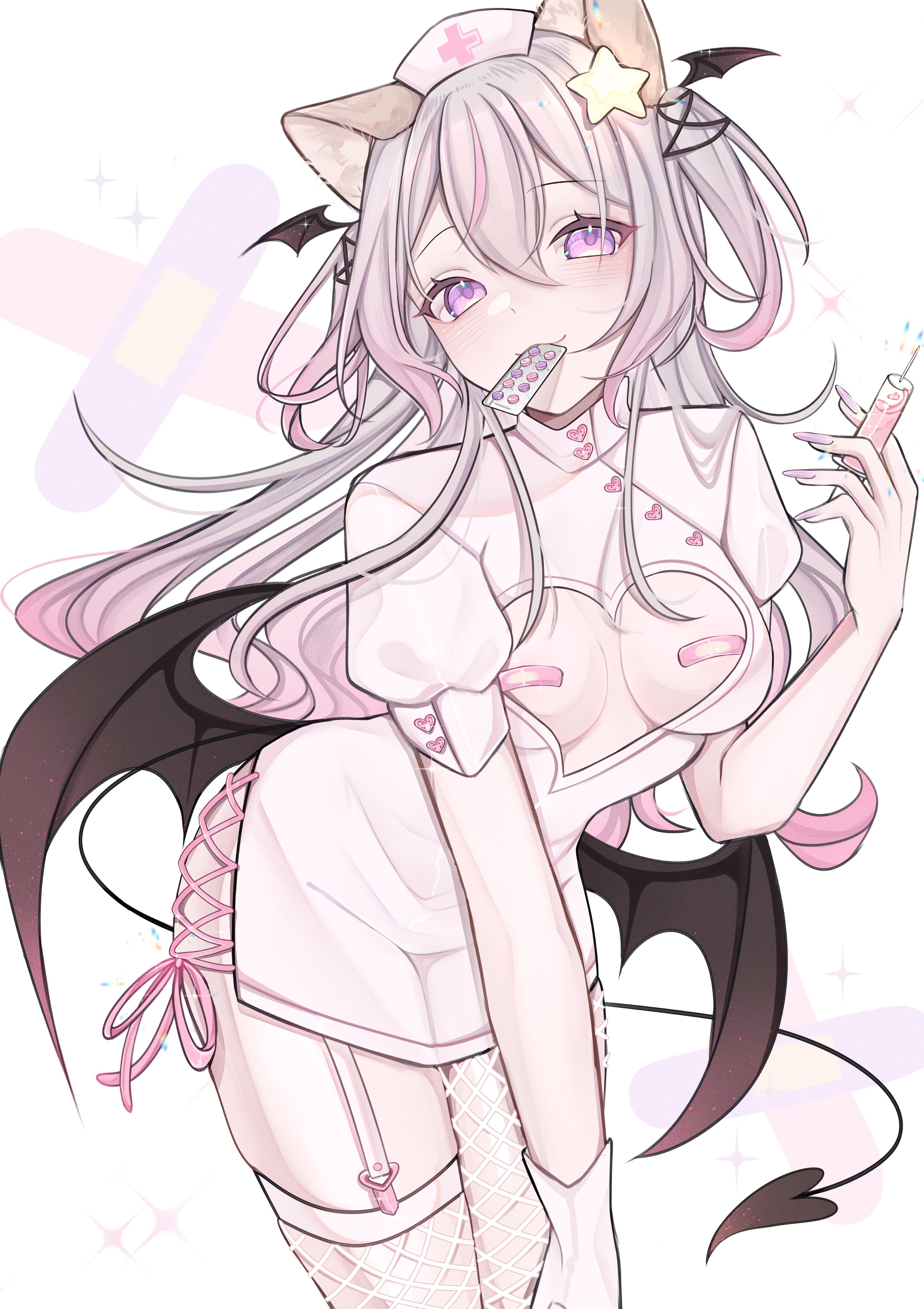 absurdres, animal ears, annytf, asymmetrical legwear, bandaid, bandaids on nipples, blister pack, breasts, clothing cutout, commentary, cowboy shot, cross, cross print, demon girl, demon tail, demon wings, double-parted bangs, dress, english commentary, female, fishnet thighhighs, fishnets, fox ears, fox girl, garter straps, grey hair, hair between eyes, hair ornament, hat, head wings, heart cutout, highres, holding, holding syringe, indie virtual youtuber, long hair, looking at viewer, mouth hold, multicolored hair, nurse, nurse cap, pasties, pink dress, pink hat, pink streaks, purple eyes, rosheil, short sleeves, single garter strap, small breasts, smile, solo, star (symbol), star hair ornament, streaked hair, syringe, tail, thighhighs, virtual youtuber, white background, wings