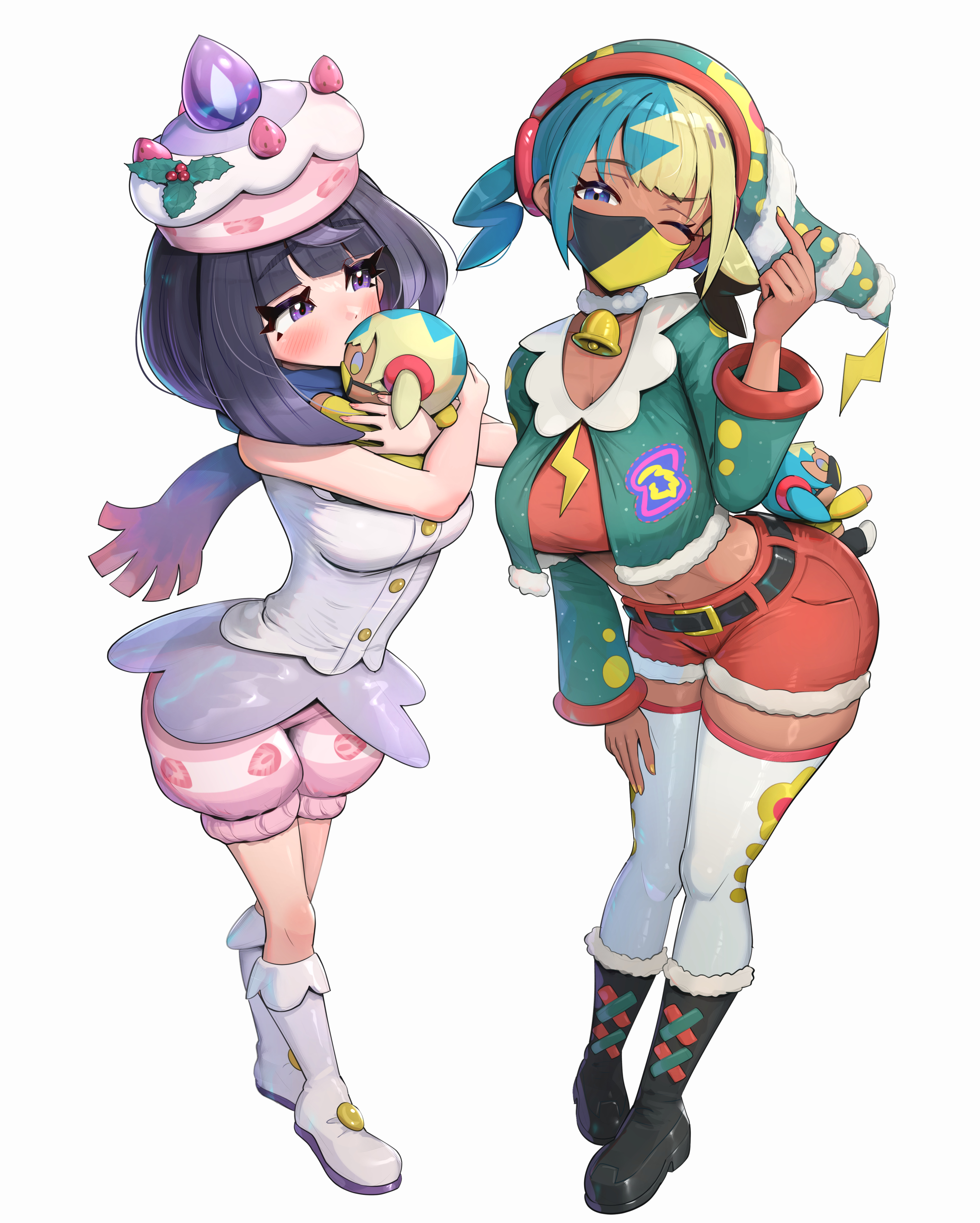 2girls, absurdres, bell, black boots, black hair, blonde hair, blue eyes, blue hair, blunt bangs, blush, bob cut, boots, breasts, buttons, canari (pokemon), canari plush (pokemon), canary (pokemon), canary plush (pokemon), character doll, christmas, commentary request, doll, female, female only, food, fruit, full body, gonzarez, gradient scarf, green santa costume, gwynn (pokemon), hat, heart, highres, holly, hugging doll, hugging object, large breasts, looking at viewer, medium breasts, midriff, muku (pokemon), multicolored hair, multiple girls, nail polish, nintendo, pink shorts, pokemon, pokemon legends: z-a, purple eyes, purple hair, purple scarf, red shorts, santa costume, santa hat, scarf, shirt, short hair, short twintails, shorts, sleeveless, sleeveless shirt, standing, strawberry, stuffed toy, thighhighs, twintails, white boots, white shirt, white thighhighs, yellow nails