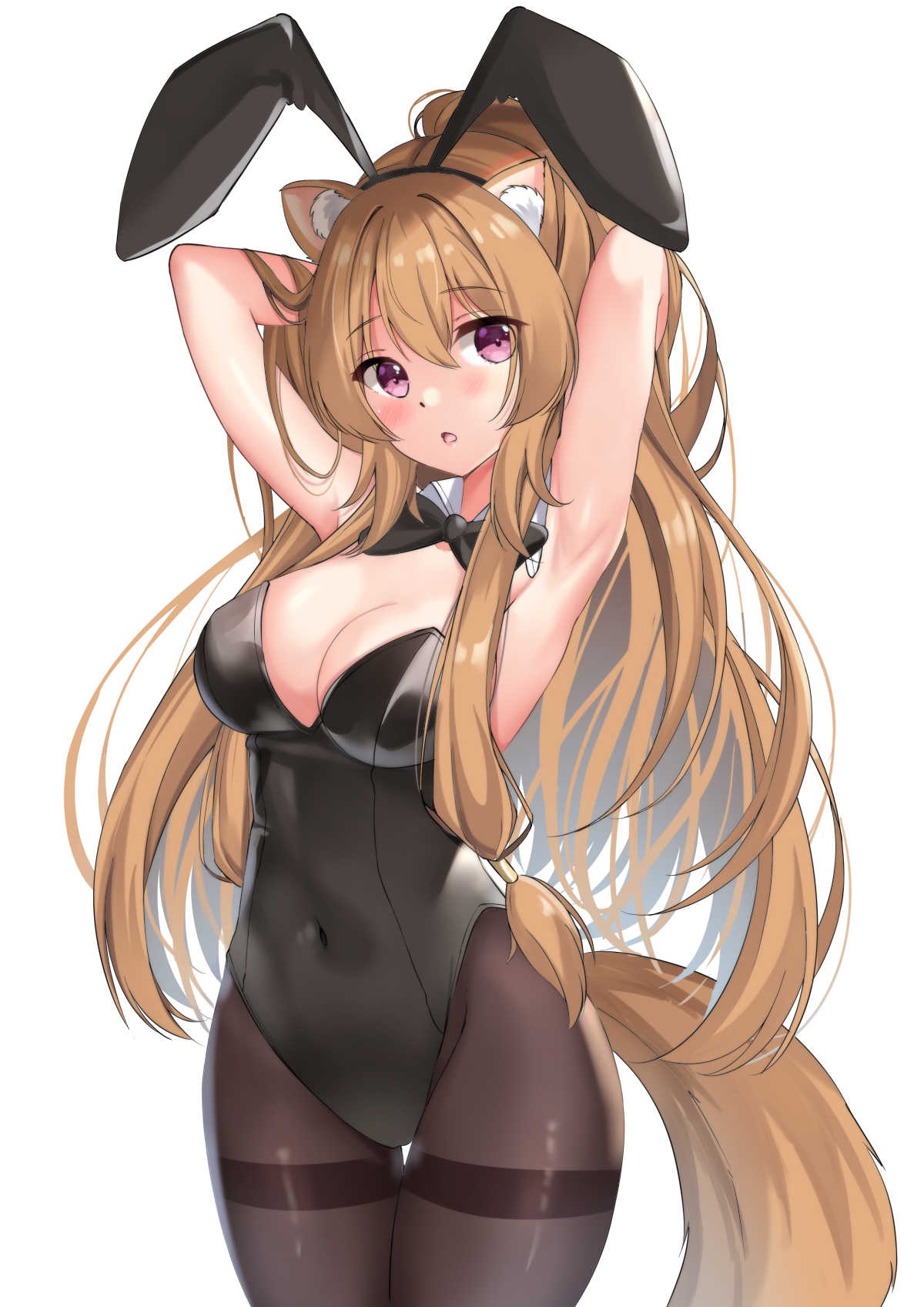 1girls, 2d, 2d (artwork), 2d artwork, adult, adult female, animal ear fluff, animal ears, animal tail, arm behind head, armpit, armpit crease, armpit focus, armpit peek, armpits, arms behind head, belly, belly button, big breasts, black bowtie, black bunny ears, black bunnysuit, black hairband, black leotard, black topwear, blackheartxiii, blush, blush face, blushing at viewer, blushing female, bowtie, breasts, brown eyebrows, brown hair, brown legwear, brown pantyhose, brown stockings, brown tights, brown-haired female, bunny ears, bunnygirl, bunnygirl outfit, bunnysuit, busty, busty female, busty girl, cleavage, collar, collarbone, digital, digital art, digital drawing, digital drawing (artwork), digital media, digital media (artwork), elbows, eyebrows visible through hair, female, female focus, female only, groin, hair between eyes, hairless armpits, hand behind head, hands behind head, high resolution, highres, hourglass figure, inguinal crease, inguinal ligament, large boobs, large breasts, lean figure, legs closed, legs together, legwear, leotard, long hair, looking at viewer, mature, mature female, midriff, narrow waist, navel, nipple bulge, open mouth, pantyhose, parted lips, posing, posing for the viewer, presenting armpit, purple eyes, purple-eyed female, raphtalia, shaved armpits, shoulders, simple background, slender body, slender waist, slim waist, solo, standing, stockings, tate no yuusha no nariagari, the rising of the shield hero, thick thighs, thigh gap, thighs, thighs together, tights, tongue, topwear, upper body, very long hair, very long hair female, white background, white collar, white wrist cuffs, wide hips, wrist cuffs