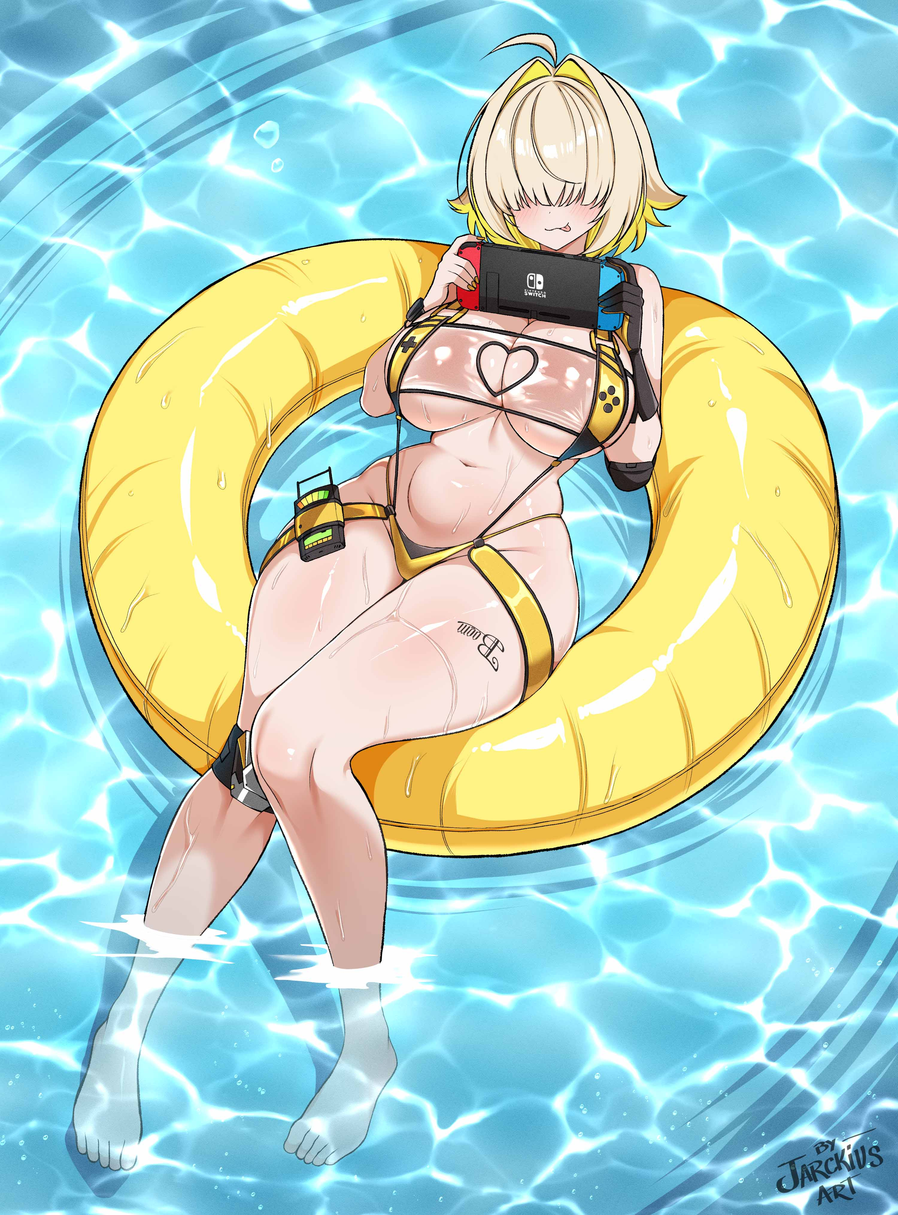 :p, 1girls, ahoge, barefoot, bikini, blonde hair, blush, breasts, cleavage, curvy, cute, elegg (boom and shock) (nikke), elegg (nikke), feet, female, female only, gloves, goddess of victory: nikke, hair intakes, hair over eyes, innertube, jarckius, large breasts, legs, lying, multicolored hair, navel, nintendo switch, official alternate costume, on back, partially submerged, playing games, playing video games, pool, revealing clothes, short hair, single glove, skimpy clothes, slingshot swimsuit, smile, solo, swim ring, swimsuit, toes, tongue, tongue out, two-tone hair, water, wet, yellow bikini