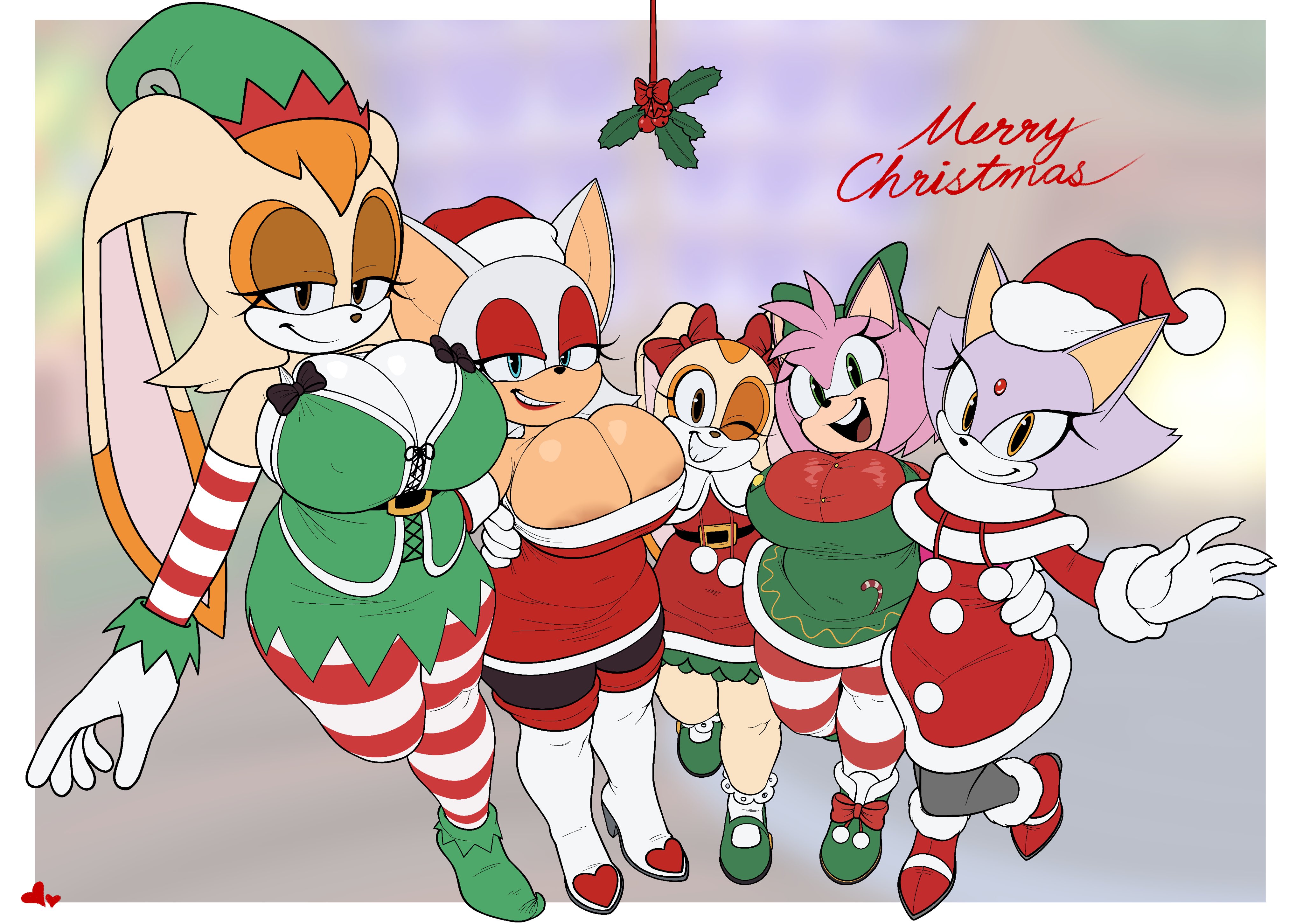 5girls, absurd res, accessory, amy rose, anthro, areola, areola slip, armwear, bat, belt, big breasts, blaze the cat, boots, breasts, brown eyes, brown hair, christmas, christmas clothing, christmas headwear, cleavage, clothed, clothing, collared shirt, cream the rabbit, detached sleeves, domestic cat, dress shirt, eulipotyphlan, eyelashes, eyeshadow, felid, feline, felis, female, footwear, forehead gem, fur, gem, gloves, green eyes, grin, group, hair, hair accessory, hair ribbon, handwear, hat, head tuft, headgear, headwear, hedgehog, hi res, high heeled boots, high heels, holidays, huge breasts, jingle belle amy, lagomorph, legwear, leporid, lipstick, long ears, makeup, mammal, mistletoe, narrowed eyes, orange eyes, overall dress, palegarbo, pantyhose, pink body, plant, purple body, rabbit, red eyeshadow, ribbons, rouge the bat, santa hat, sega, shirt, shoes, smile, sonic (series), sonic the hedgehog (series), stockings, tan body, thigh boots, thigh highs, topwear, tuft, vanilla the rabbit, white body, white fur