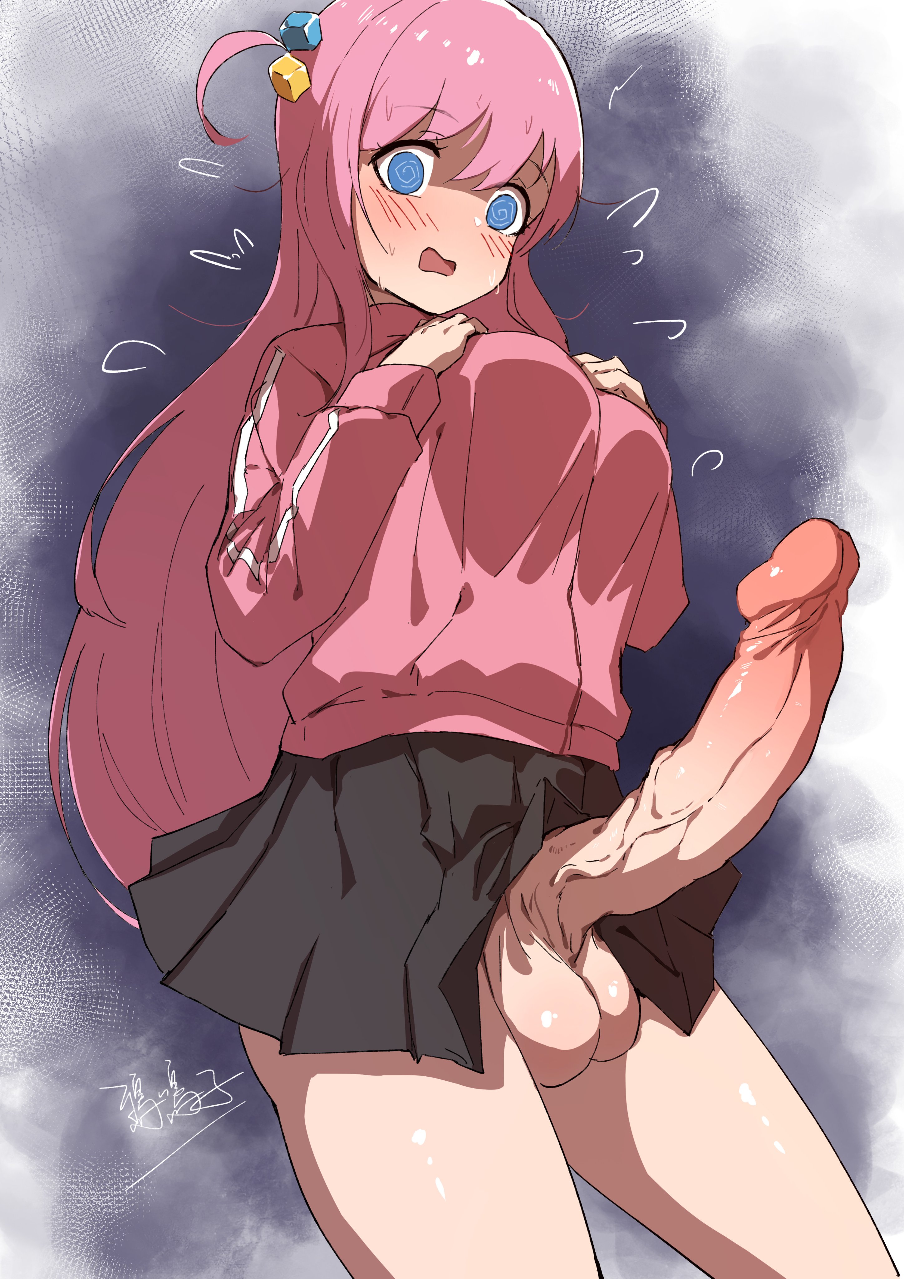 @ @, 1futa, absurdres, black skirt, blue eyes, bocchi the rock!, breasts, commentary request, erection, flustered, futanari, gotou hitori, highres, huge cock, jacket, large breasts, long hair, miniskirt, morinosuke, one side up, penis, pink hair, pink jacket, pleated skirt, skirt, solo, testicles, track jacket, uncensored
