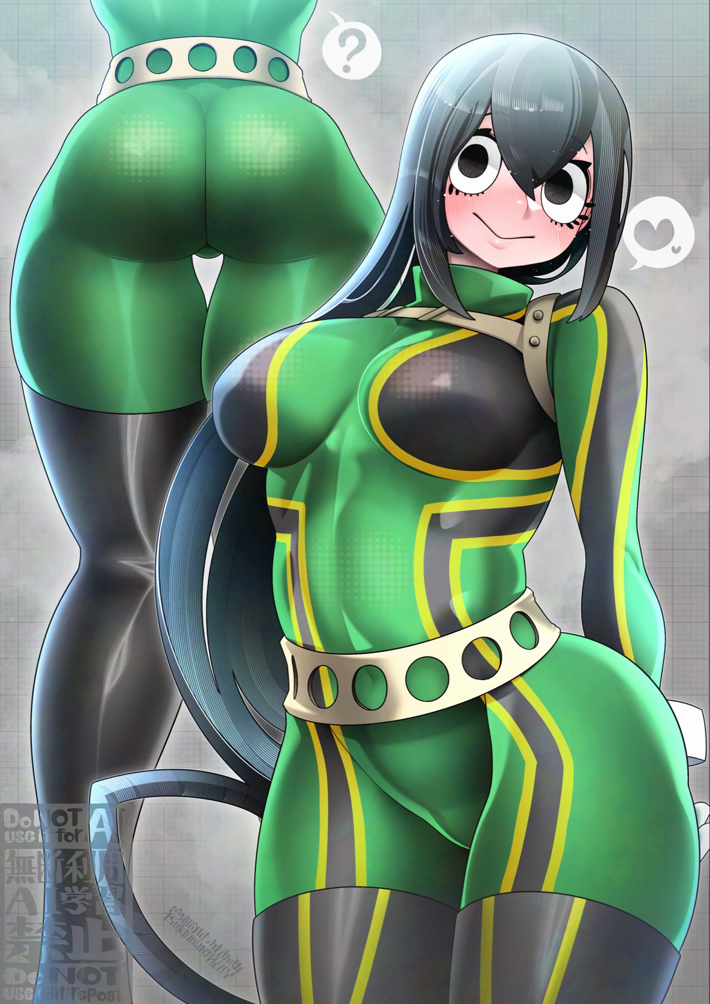 ass, ass focus, back view, black eyes, black hair, blush, bodysuit, boku no hero academia, breasts, fit, fit female, front view, heart, hero outfit (mha), interrogation, long hair, looking at viewer, my hero academia, skin tight, speech bubble, tagme, tagme (artist), teenager, thick thighs, tight clothing, tsukinoura0817, tsuyu asui, uniform, voluptuous, wide hips