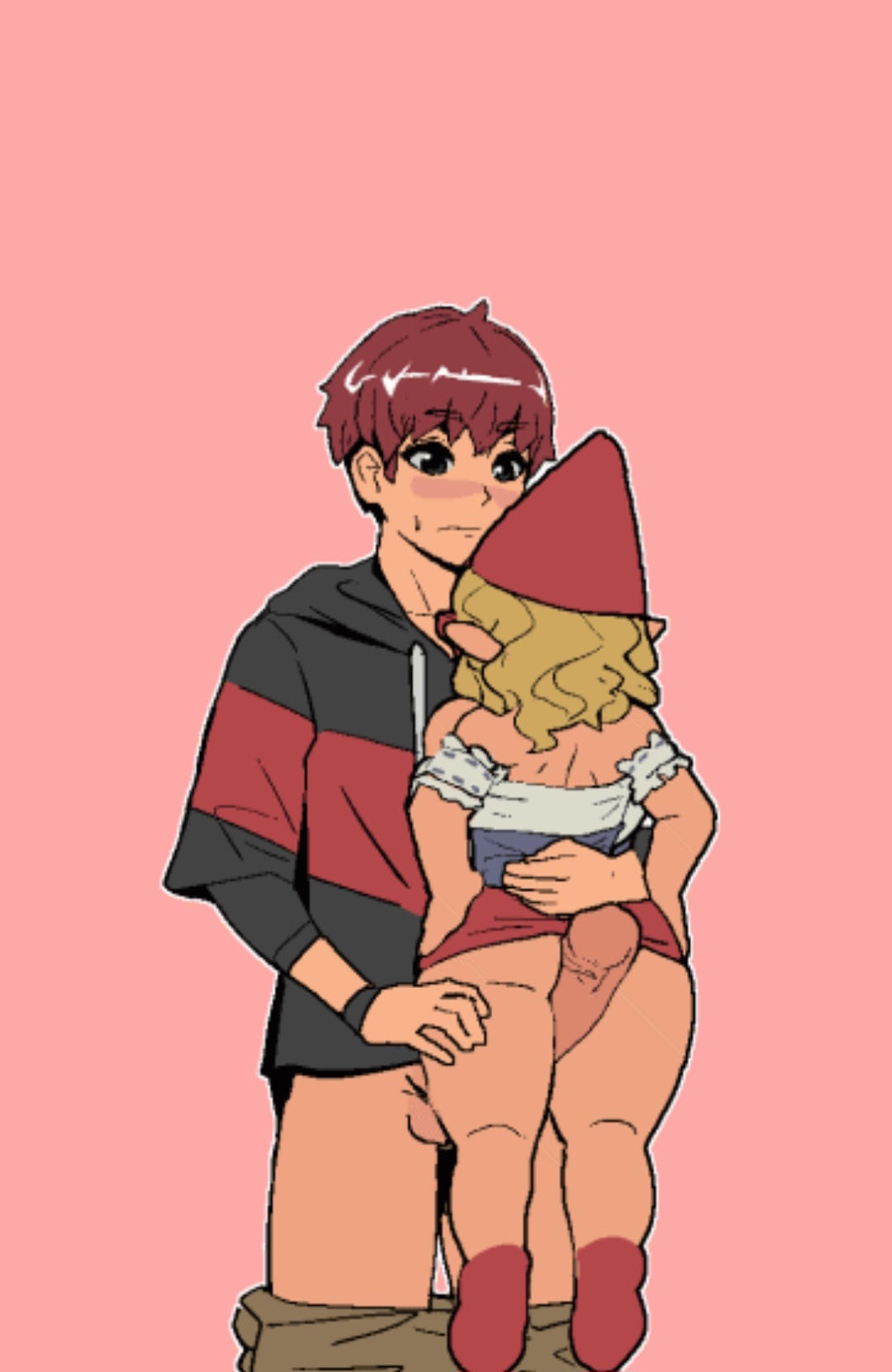 1boy, 1girls, ass, big penis, bigger male, blonde hair, blush, bottomless, bottomless female, bottomless male, female, garden gnome, gnome, gnome female, main character (spooky milk life), male, male/female, mango cage, mangomango, penis, shortstack, size difference, smaller female, spooky milk life, thigh sex, thighs