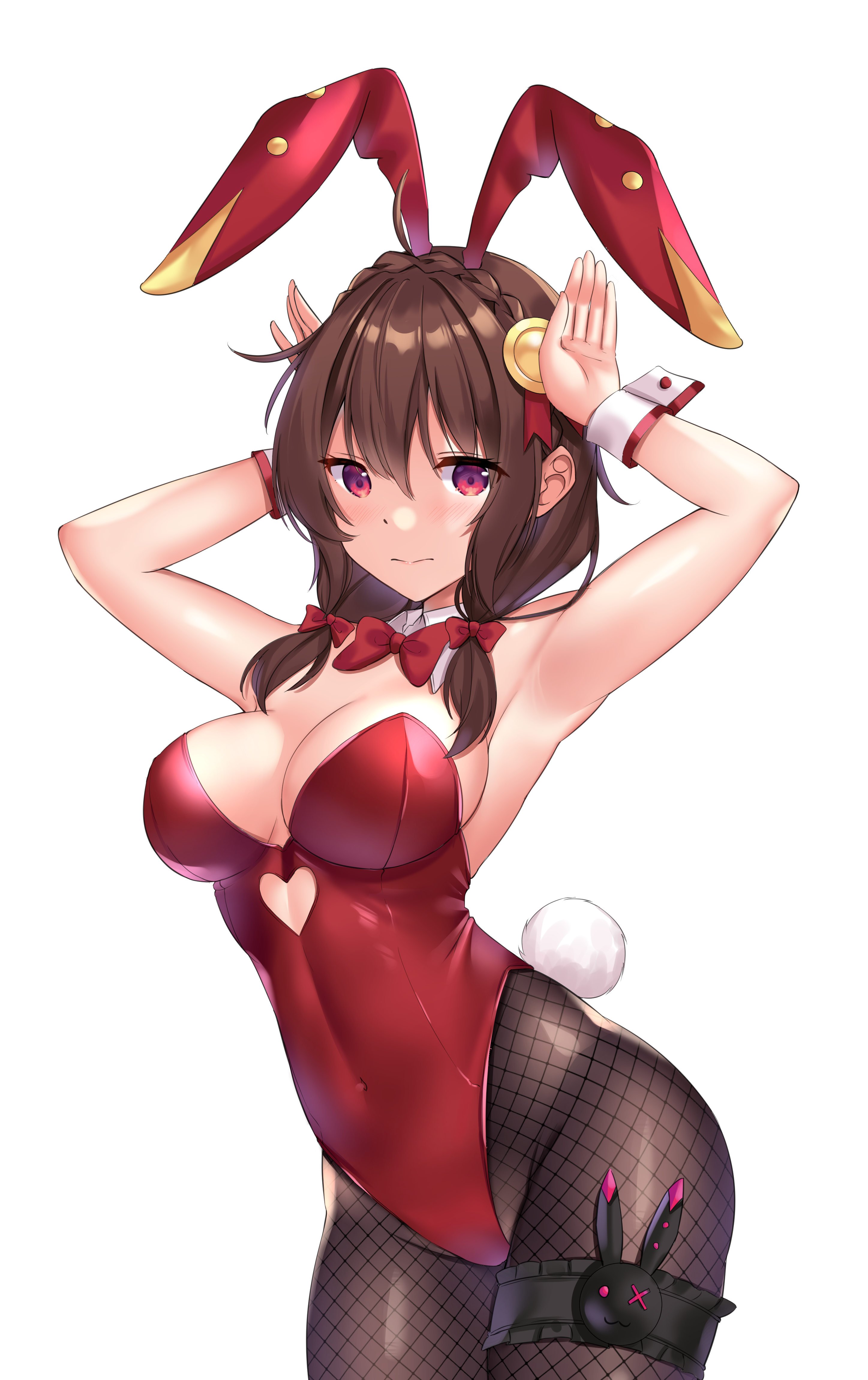 1girls, 2d, 2d (artwork), 2d artwork, arm above head, arm up, armpits, bare armpits, bare arms, bare chest, bare hands, bare shoulders, bare skin, belly, belly button, big breasts, blackheartxiii, bowtie, braid, braided hair, braids, breasts, brown eyebrows, brown hair, brown legwear, brown pantyhose, brown stockings, brown tights, brown-haired female, bunny ears, bunny pose, bunny tail, bunnygirl, bunnygirl outfit, bunnysuit, busty, busty female, busty girl, busty teen, cleavage, collar, collarbone, curvaceous, curvaceous body, curvaceous female, curvaceous figure, curvaceous hips, curvaceous teen, curvy, curvy body, curvy female, curvy figure, curvy hips, curvy teen, digital, digital art, digital drawing, digital drawing (artwork), digital media, digital media (artwork), elbows, exposed armpits, exposed arms, exposed chest, exposed shoulders, exposed skin, female, female focus, female only, fingers, groin, hair between eyes, hair ornament, hair ribbon, hair tie, half up braid, hand above head, hand up, high resolution, highres, hourglass figure, inframammary fold, inguinal crease, inguinal ligament, kono subarashii sekai ni shukufuku wo!, large boobs, large breasts, lean figure, legs closed, legs together, legwear, leotard, linea alba, long hair, looking at viewer, midriff, narrow waist, navel, pantyhose, posing, posing for the viewer, rabbit pose, red bowtie, red bunny ears, red bunnysuit, red eyes, red hair ribbon, red hair tie, red leotard, red ribbon, red topwear, red-eyed female, ribbon, shoulders, simple background, slender body, slender waist, slim waist, solo, standing, stockings, stomach, teen girl, teenage girl, teenage tits, teenager, thick thighs, thighs, thighs together, tights, topwear, twintails, twintails (hairstyle), upper body, white background, white collar, white wrist cuffs, wide hips, wrist cuffs, young female, young woman, yunyun (konosuba)