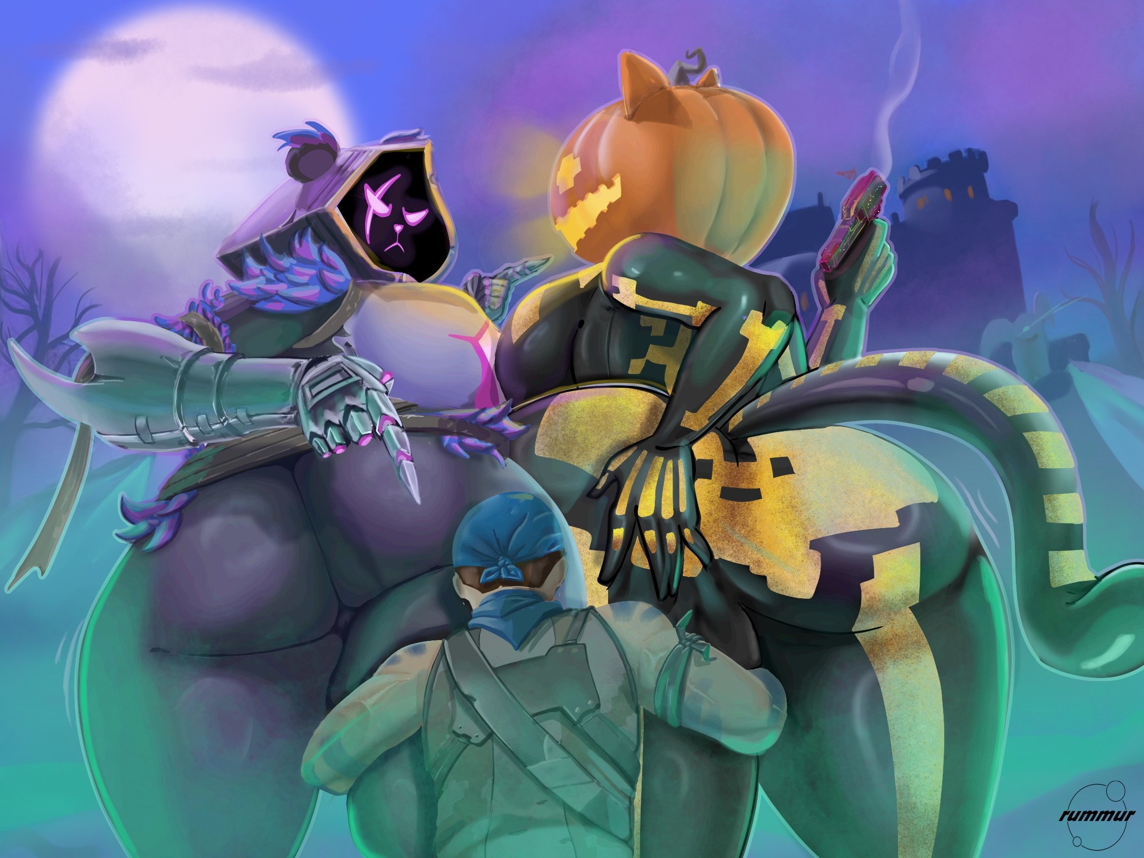 1boy, 2girls, ass, ass focus, big ass, fortnite, raven team leader, raven team leader (fortnite), rummur, spice (fortnite), thick thighs