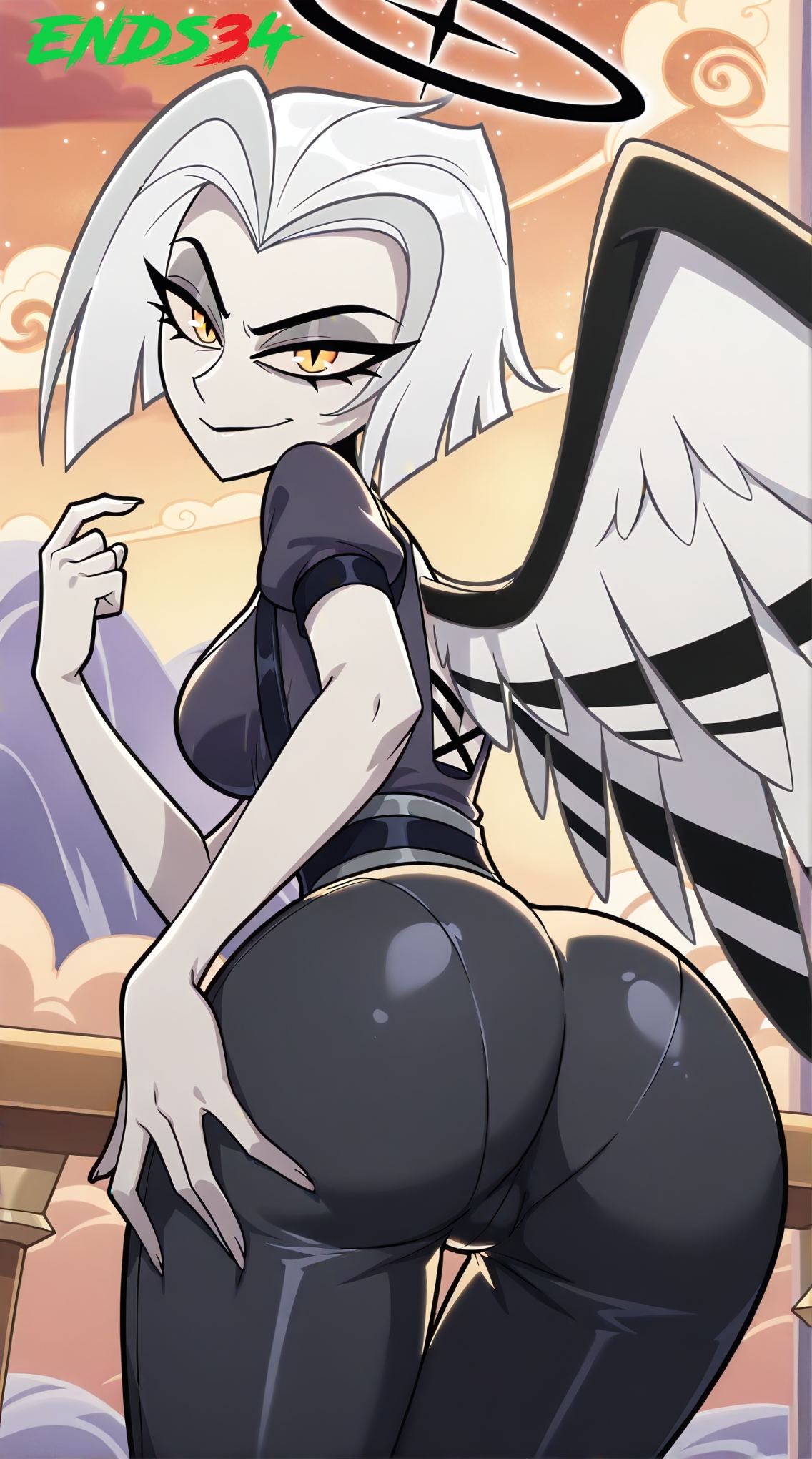 2025, ai generated, angel, ass, ass focus, ends34, female, female only, hazbin hotel, light-skinned female, lute (hazbin hotel), medium breasts, pale-skinned female, short hair, white body, white hair, wings, yellow eyes