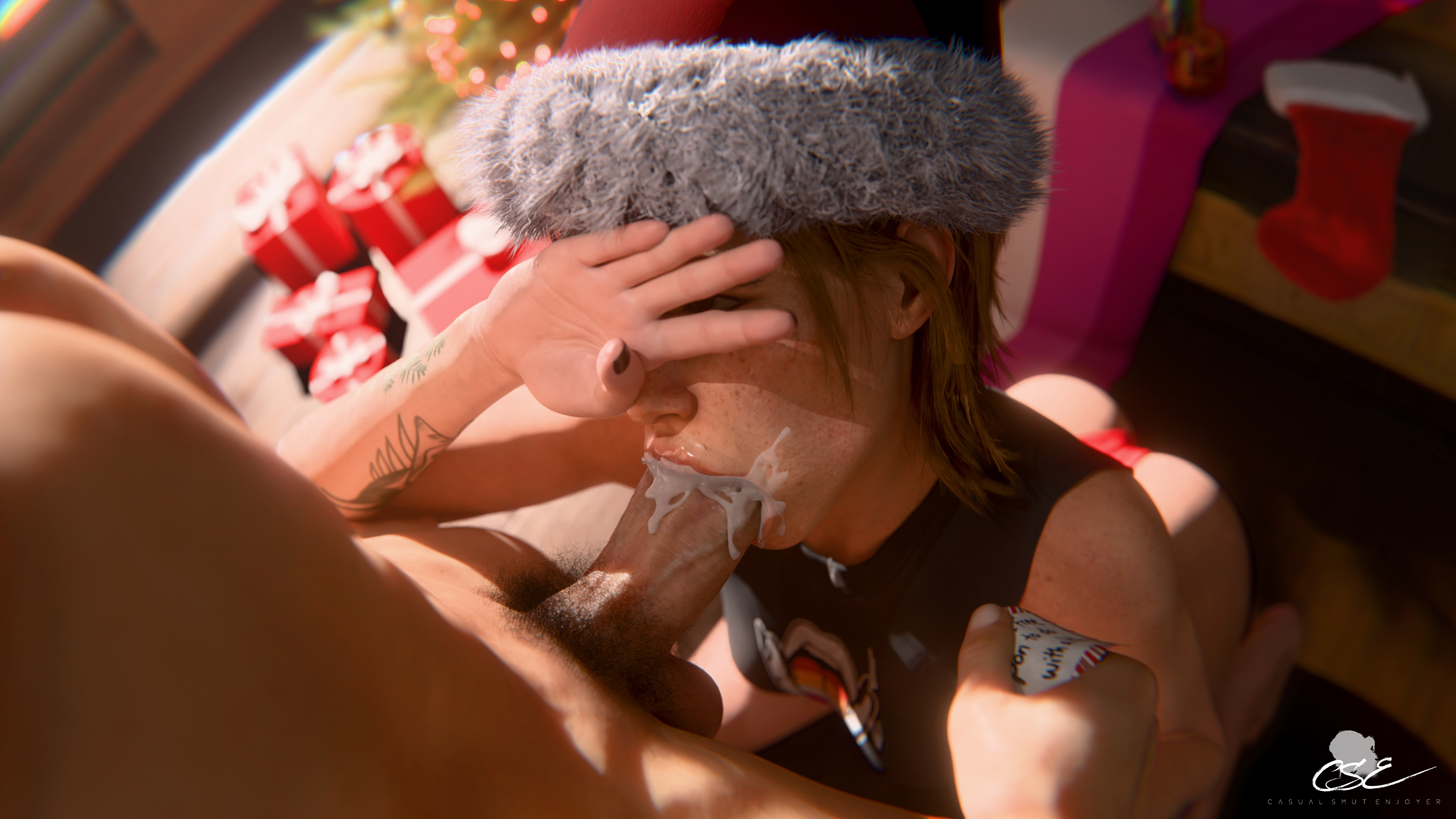 1boy, 1girls, 3d, 3d (artwork), 3d render, 4k, bare shoulders, barefoot, big ass, big butt, big dick, black nails, blender, blowjob, blowjob only, canon lesbian, christmas, christmas outfit, christmas tree, cse nsfw, cum, cum in mouth, cum on face, cum on lips, ellie (the last of us), ellie williams, female, lesbian pride colors, lesbian with male, lips, male, orientation play, pale-skinned female, pale-skinned male, pubic hair, santa hat, shy, sleeveless, sleeveless shirt, tattoo, tattooed arm, the last of us, the last of us 2, thong
