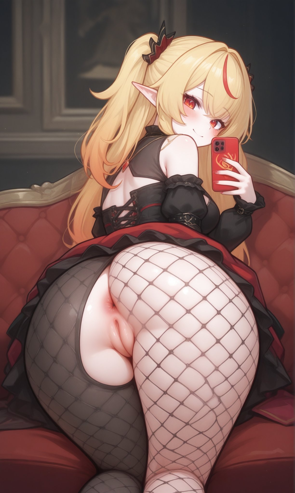 1girls, ai generated, anus, ass, ass focus, big thighs, blonde hair, breasts, chromashift, elf ears, elf female, elf girl, female, female only, light skin, light-skinned female, long hair, naked, navel, nude, phone, pointy ears, pussy, pussy focus, red eyes, red hair, ruby runeheart, sexy, small breasts, smiling, sofa, thighs, virtual youtuber, vtuber