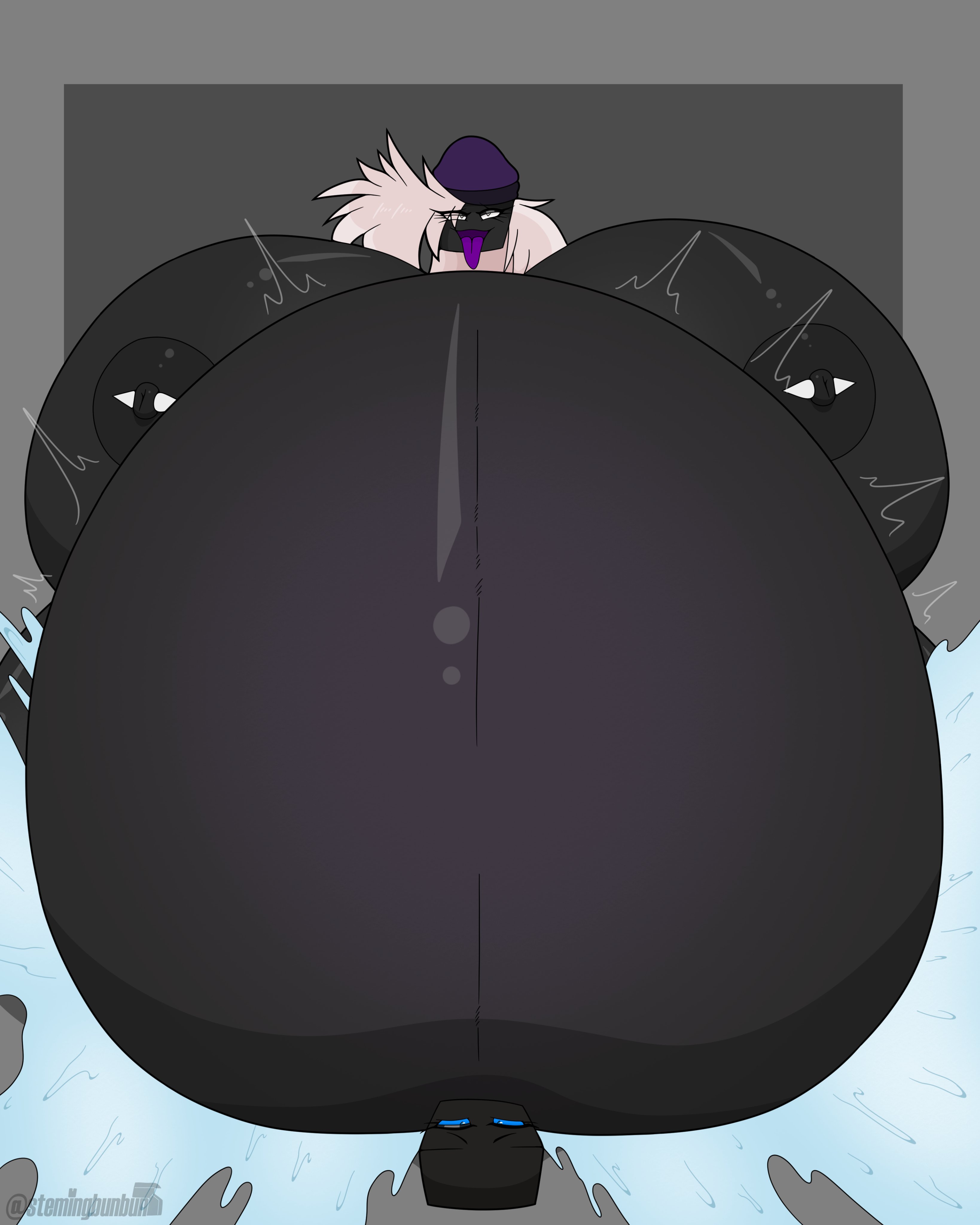 1boy, 1boy1girl, 1girls, 2023, belly smother, big dom small sub, bigger female, breasts bigger than head, commission, cowgirl position, cum, cum inside, cum overflow, cumflated belly, cumflation, enderman, enderwoman, eyes rolled back, eyes rolled up, female, femdom, hb (hb the ender), huge breasts, male, minecraft, naked, pleasure face, sex, smaller male, stemingbunbun, tits bigger than head, tongue out, watermark, zinnia (stemingbunbun)