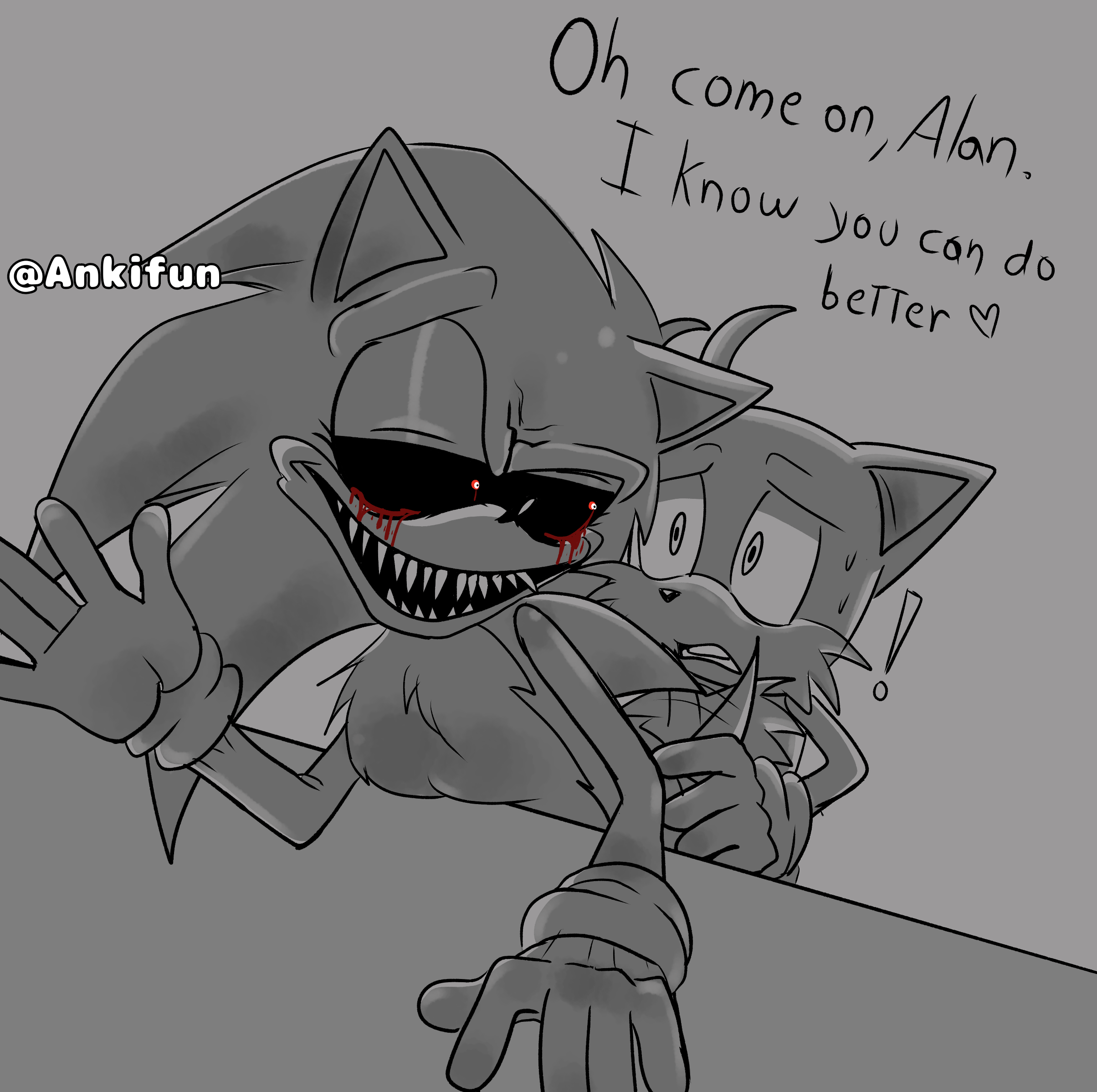 2011x, 2boys, against table, alan (sonic.exe), anal sex, ankifun, creepypasta, english text, gay, gloves, interspecies, male, penetration, questionable consent, red eyes, sega, shy expression, simple background, smile, sonic (series), sonic the hedgehog (series), sonic.exe, sonic.exe (series), sweat, watermark, yaoi