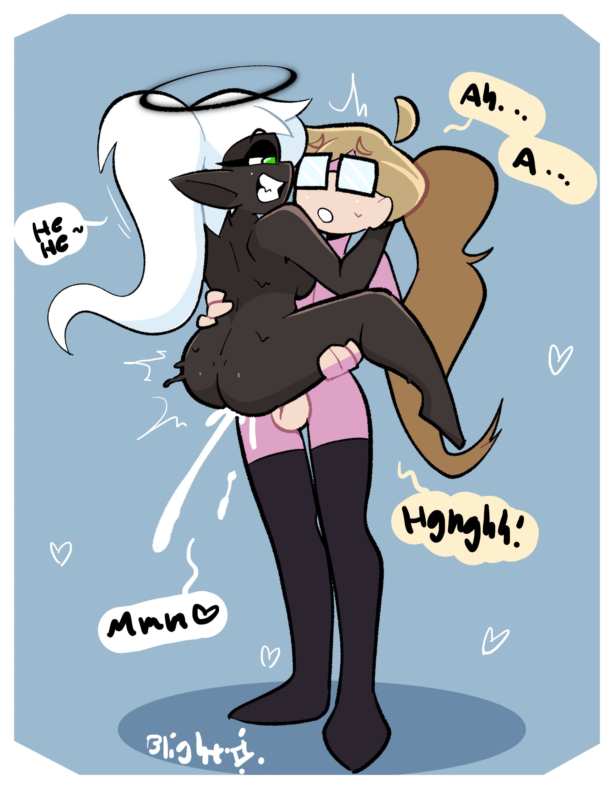 1boy, 1girls, artist self-insert, black halo, blightstar, blonde hair, clenched teeth, cum, cum in pussy, cum leaking, dark skin, female, glasses, half-closed eyes, halo, karma (character), male, missionary position, obscured eyes, open mouth, original, original character, pale skin, penetration, pointy ears, ponytail, smile, speech bubble, stand and carry position, tagme, thighhighs, vaginal penetration, white hair