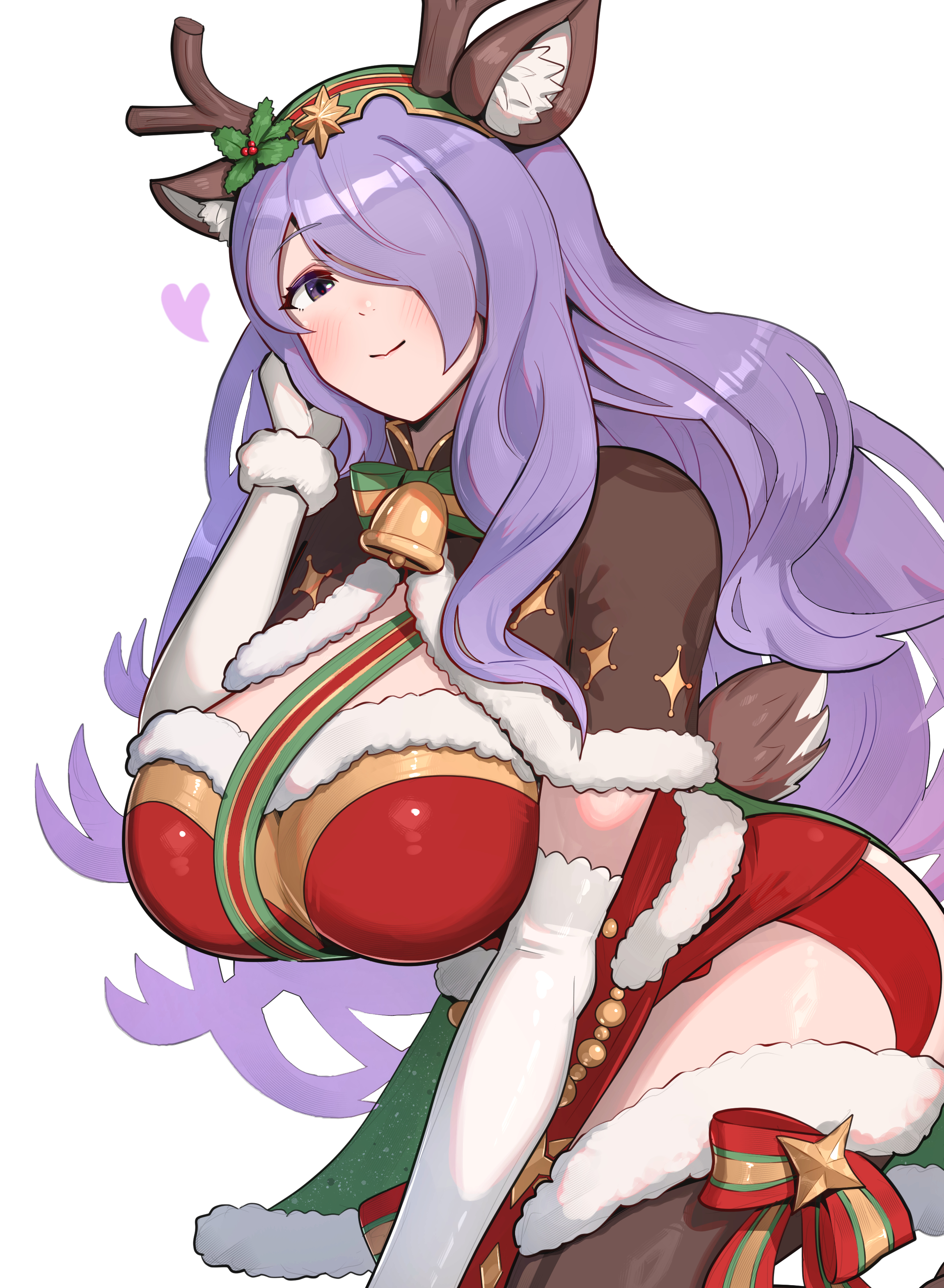 absurdres, adjusting hair, animal ears, antlers, blush, breasts, brown capelet, camilla (fire emblem), camilla (flurry embrace) (fire emblem), capelet, closed mouth, commentary request, deer ears, dress, elbow gloves, fake animal ears, fake antlers, female, female only, fire emblem, fire emblem fates, fire emblem heroes, fur trim, fur-trimmed capelet, fur-trimmed dress, gloves, gonzarez, hair over one eye, hand up, headband, heart, highres, horns, huge breasts, long hair, looking at viewer, nintendo, official alternate costume, purple eyes, purple hair, red dress, reindeer antlers, santa costume, santa dress, simple background, smile, solo, thick thighs, thighhighs, thighs, very long hair, wavy hair, white background, white gloves