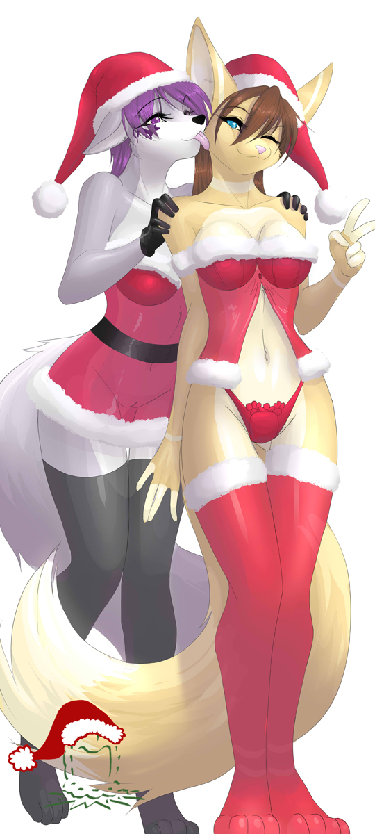 anthro blue_eyes brown_hair canine christmas dossun female fox fur furry hair hat holidays jess_(teckly) licking lingerie purple_eyes purple_hair pussy santa_hat skimpy thigh_highs tila tongue translucent wolf yuri