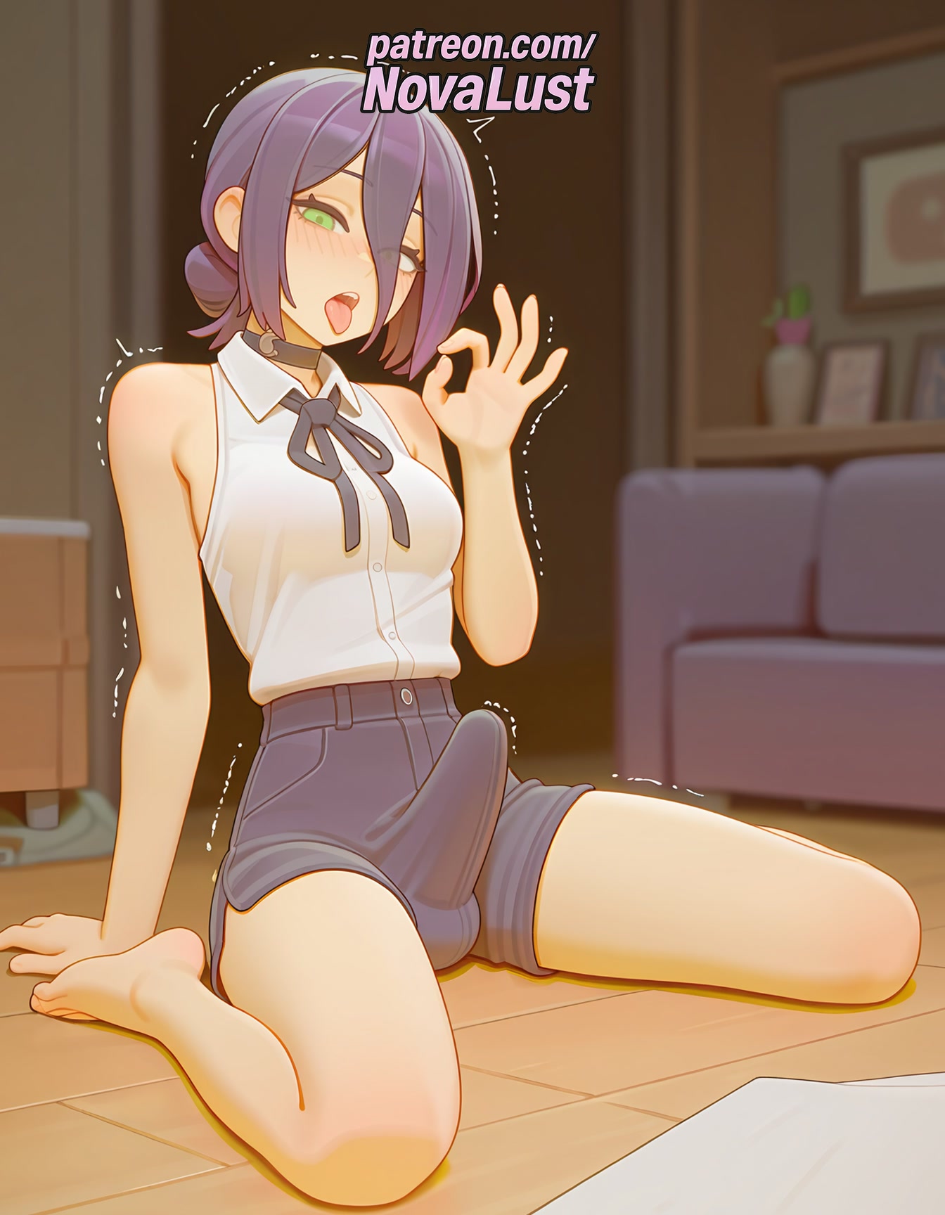 1futa, 2025, ahe gao, ai generated, artist name, bare shoulders, barefoot, black shorts, blurry, blurry background, blurry foreground, blush, chainsaw man, cock, collared shirt, cum, depth of field, dick, erection, futanari, green eyes, hair between eyes, hi res, high quality, high resolution, highres, male focus, motion lines, neck ribbon, novalust, on floor, open mouth, orgasm, patreon, patreon username, penis, reze (chainsaw man), ribbon, saliva, shirt, shirt tucked in, shorts, sitting, sleeveless, sleeveless shirt, solo, stable diffusion, testicles, tongue, tongue out, trembling, twitching, twitching penis, wariza, watermark, white shirt
