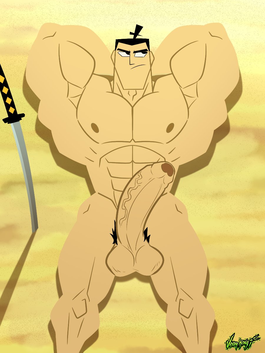 1boy, above view, alternate version available, annoyed, annoyed expression, armpits, arms behind head, arms up, asian male, erect penis, huge cock, lying on back, male only, muscles, muscular, muscular male, no sex, pecs, pectorals, pubic hair, samurai jack, samurai jack (character), veiny penis, vispaking