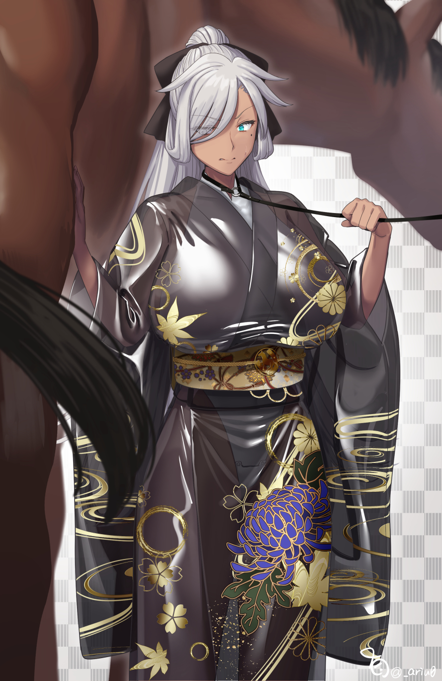 angry, blue eyes, clenched teeth, collar, dark skin, dark-skinned female, femsub, glaring, hair ribbon, horse, imminent bestiality, implied bestiality, kimono, leash, leash and collar, leotard, long hair, mole under eye, ohlia, original, original character, ponytail, see-through, see-through clothing, thighs, white hair, year of the horse
