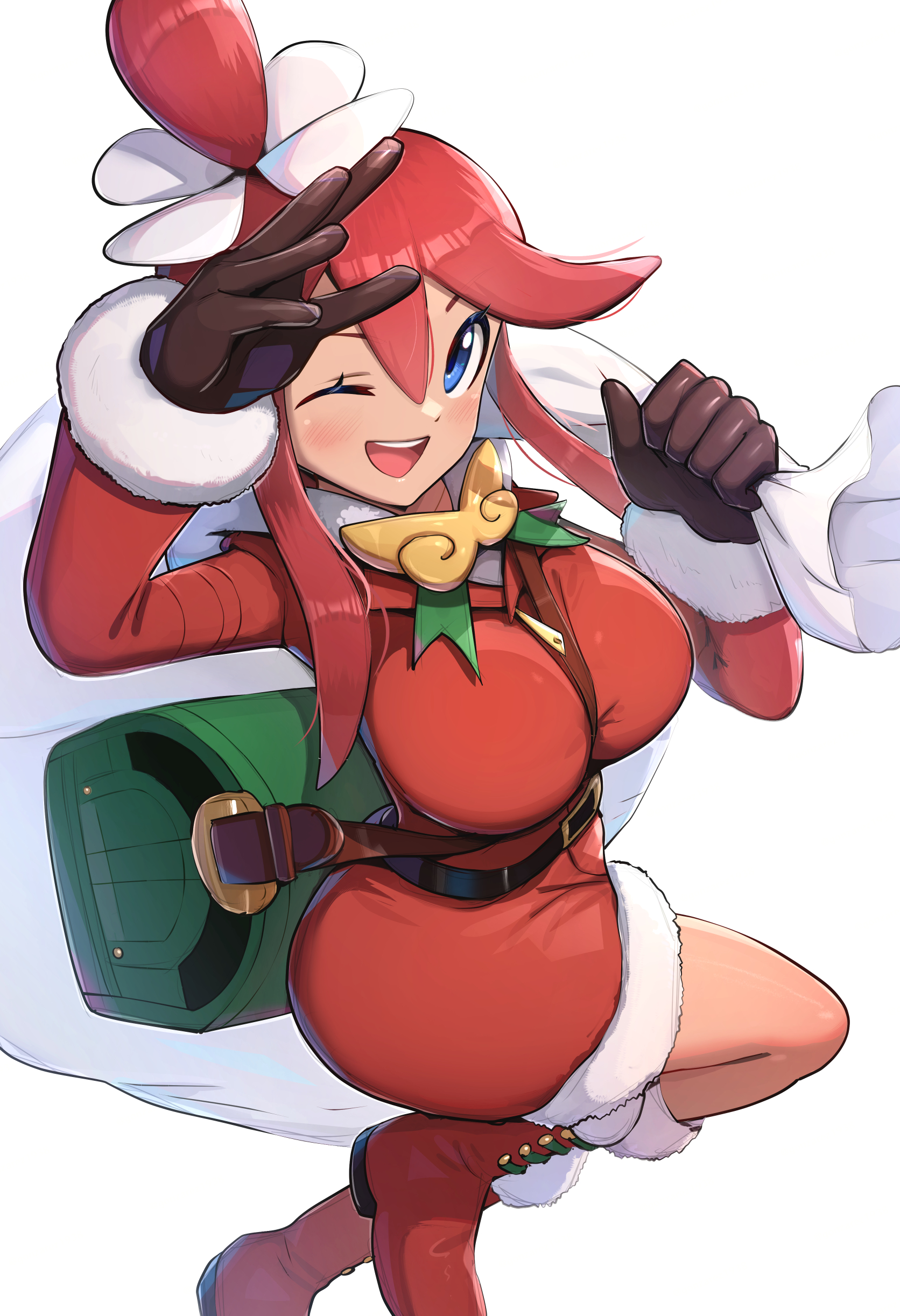 1girls, absurdres, bag, blue eyes, breasts, christmas, dress, female, female only, fur trim, fur-trimmed dress, game freak, gloves, gonzarez, hair ornament, hat, highres, holding, holding sack, holiday skyla (pokemon masters), large breasts, long hair, looking at viewer, nintendo, one eye closed, open mouth, pokemon, pokemon masters, pokemon masters ex, red dress, red hair, sack, santa costume, santa dress, santa hat, skyla (pokemon), smile, solo