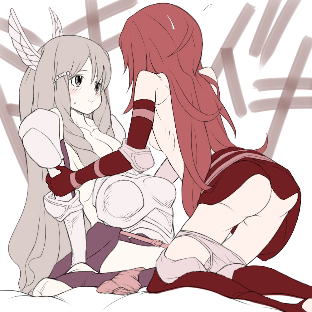 1:1, 2girls, armor, ass, blush, cordelia (fire emblem), drill hair, female, fire emblem, fire emblem awakening, grey hair, jie jio, multiple females, multiple girls, red hair, sumia (fire emblem), yuri