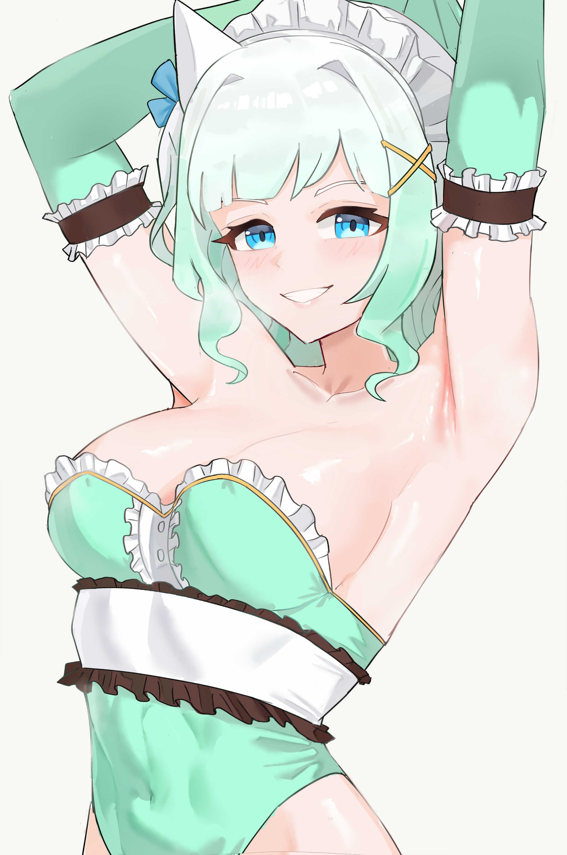 absurdres, alternate breast size, alternate breast size (larger), armpits, arms up, bare hips, blue eyes, breasts, cleavage, densetsu.exe, female, ghost girl, green hair, green leotard, green sleeves, hair ornament, highres, large breasts, leotard, maid headdress, medium breasts, mint fantome, rokosannn, short hair, sideboob, triangular headpiece, virtual youtuber, white hair, x hair ornament