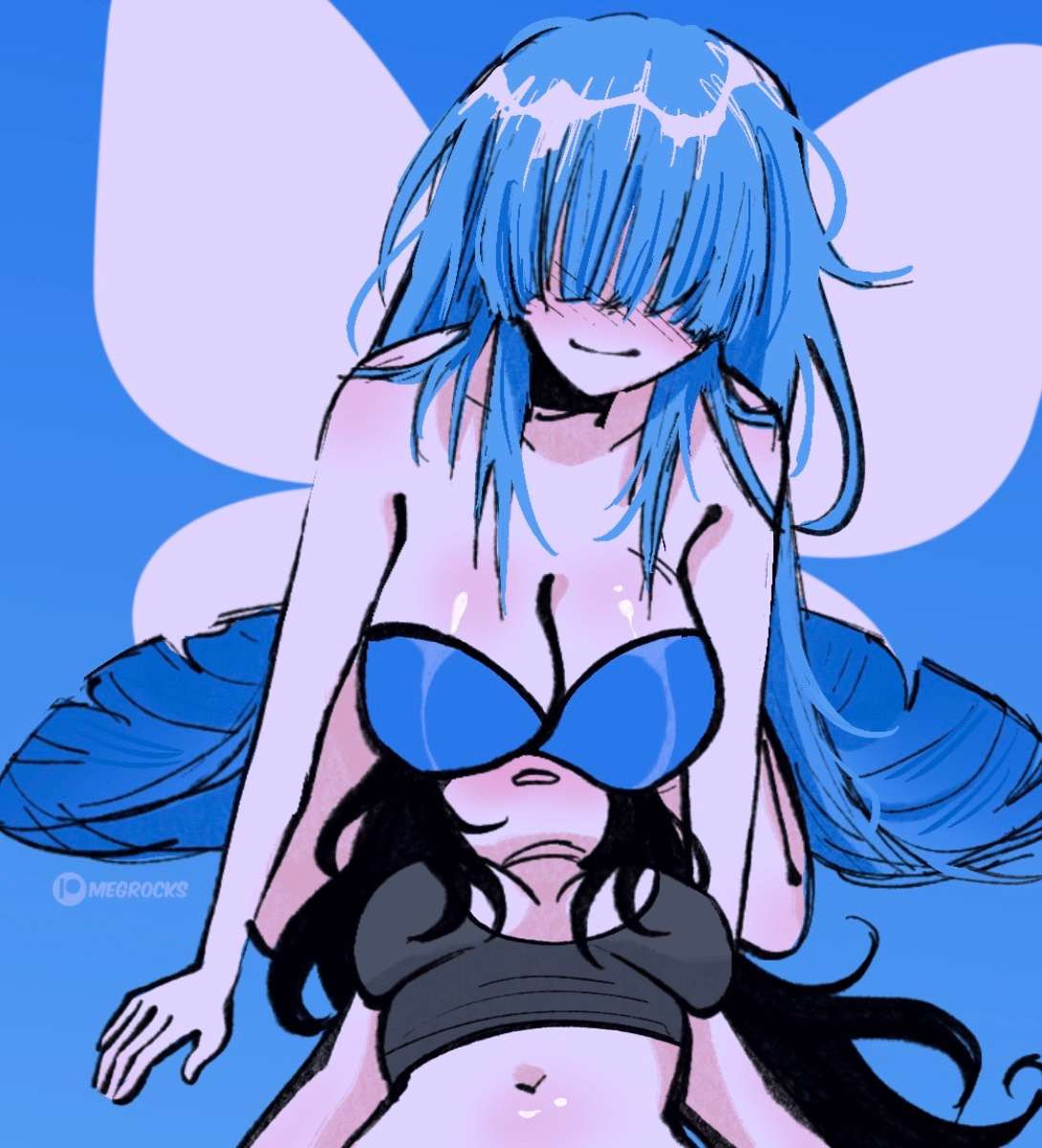 big breasts, black hair, black shirt, blue hair, blue shirt, bluesky, bluesky logo, blush, breasts, breasts in face, cleavage, clothed, female, female only, laying down, long hair, medium breasts, megrocks, navel, patreon username, tank top, twitter, yuri