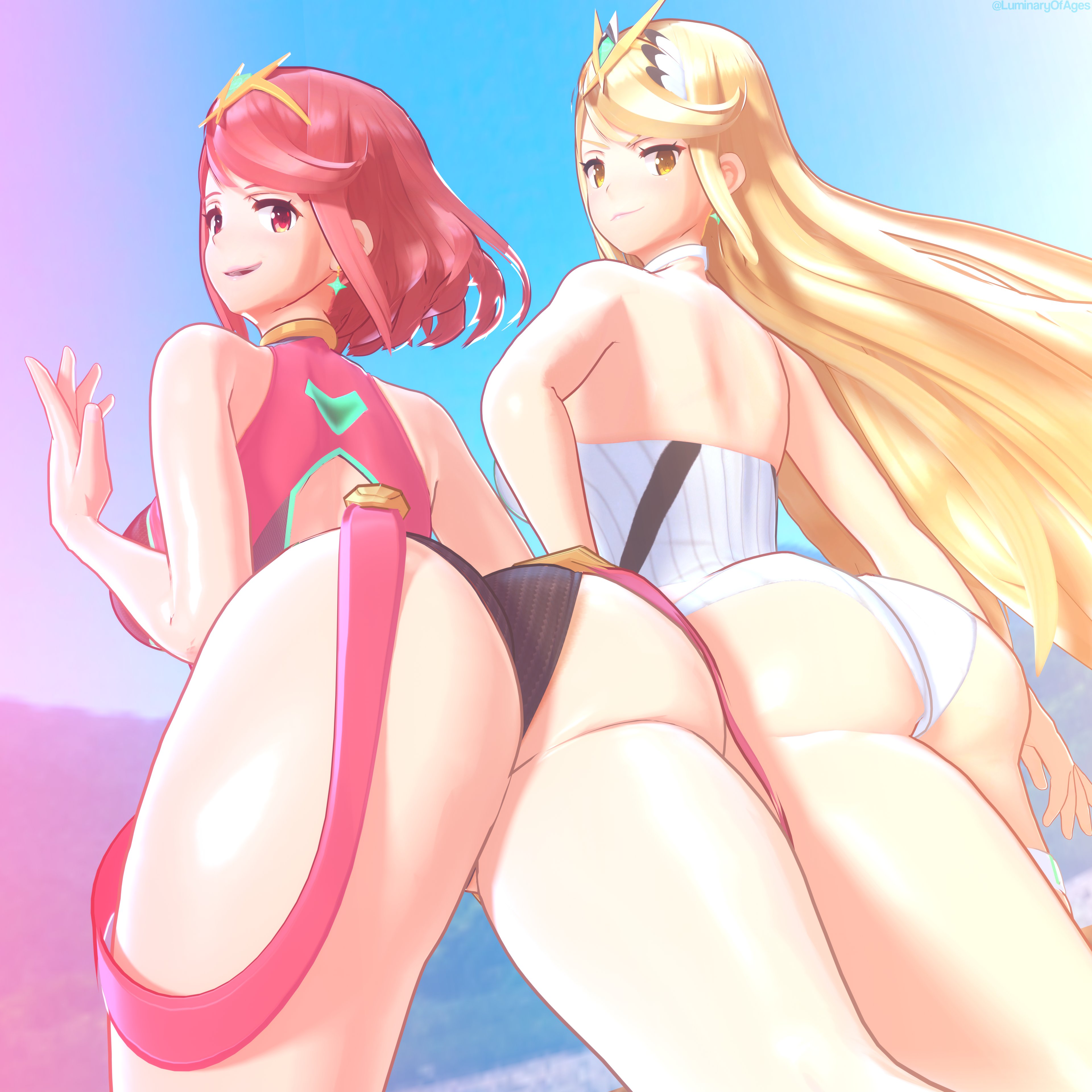 2girls, 3d, 3d (artwork), ass, big ass, big breasts, blonde hair, blush, curvy, dated, earrings, female, female only, fringe, hand on ass, hips, huge ass, light skin, looking at viewer, looking down, low-angle view, luminaryofages, monolith soft, mythra, nintendo, open mouth, outdoors, pyra, rear view, red eyes, red hair, seductive smile, short hair, swimsuit, tiara, wide hips, xenoblade (series), xenoblade chronicles 2, yellow eyes