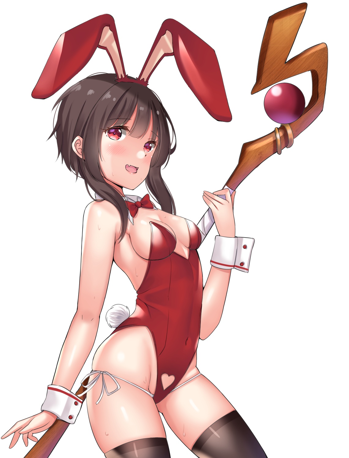 1girls, 2d, 2d (artwork), 2d artwork, alternate version at source, alternate version available, average breasts, bare armpits, bare arms, bare chest, bare hands, bare hips, bare shoulders, bare skin, bare thighs, belly, belly button, black legwear, black stockings, black thigh highs, black thighhighs, blackheartxiii, blush, blush face, blushing at viewer, blushing female, bowtie, breasts, brown eyebrows, brown hair, brown-haired female, bunny ears, bunny tail, bunnygirl, bunnygirl outfit, bunnysuit, collar, collarbone, curvaceous, curvaceous body, curvaceous female, curvaceous figure, curvaceous hips, curvaceous teen, curvy, curvy body, curvy female, curvy figure, curvy hips, curvy teen, digital, digital art, digital drawing, digital drawing (artwork), digital media, digital media (artwork), elbows, exposed armpits, exposed arms, exposed chest, exposed hips, exposed shoulders, exposed skin, exposed thighs, eyebrows visible through hair, female, female focus, female only, fingers, groin, high resolution, highres, inframammary fold, inguinal crease, inguinal ligament, kono subarashii sekai ni shukufuku wo!, lean figure, legwear, leotard, linea alba, long hair, looking at viewer, medium breasts, megumin, midriff, more at source, narrow waist, navel, nervous, nervous expression, nervous face, nervous female, nervous smile, open mouth, open mouth smile, parted lips, petite, petite body, petite breasts, petite female, petite girl, petite tits, red bowtie, red bunny ears, red bunnysuit, red eyes, red hairband, red leotard, red topwear, red-eyed female, shoulders, shy, shy expression, shy female, shy girl, shy smile, sideboob, simple background, slender body, slender waist, slim waist, solo, staff, standing, stockings, stomach, thigh highs, thighhighs, thighs, tongue, topwear, upper body, white background, white collar, white wrist cuffs, wide hips, wrist cuffs