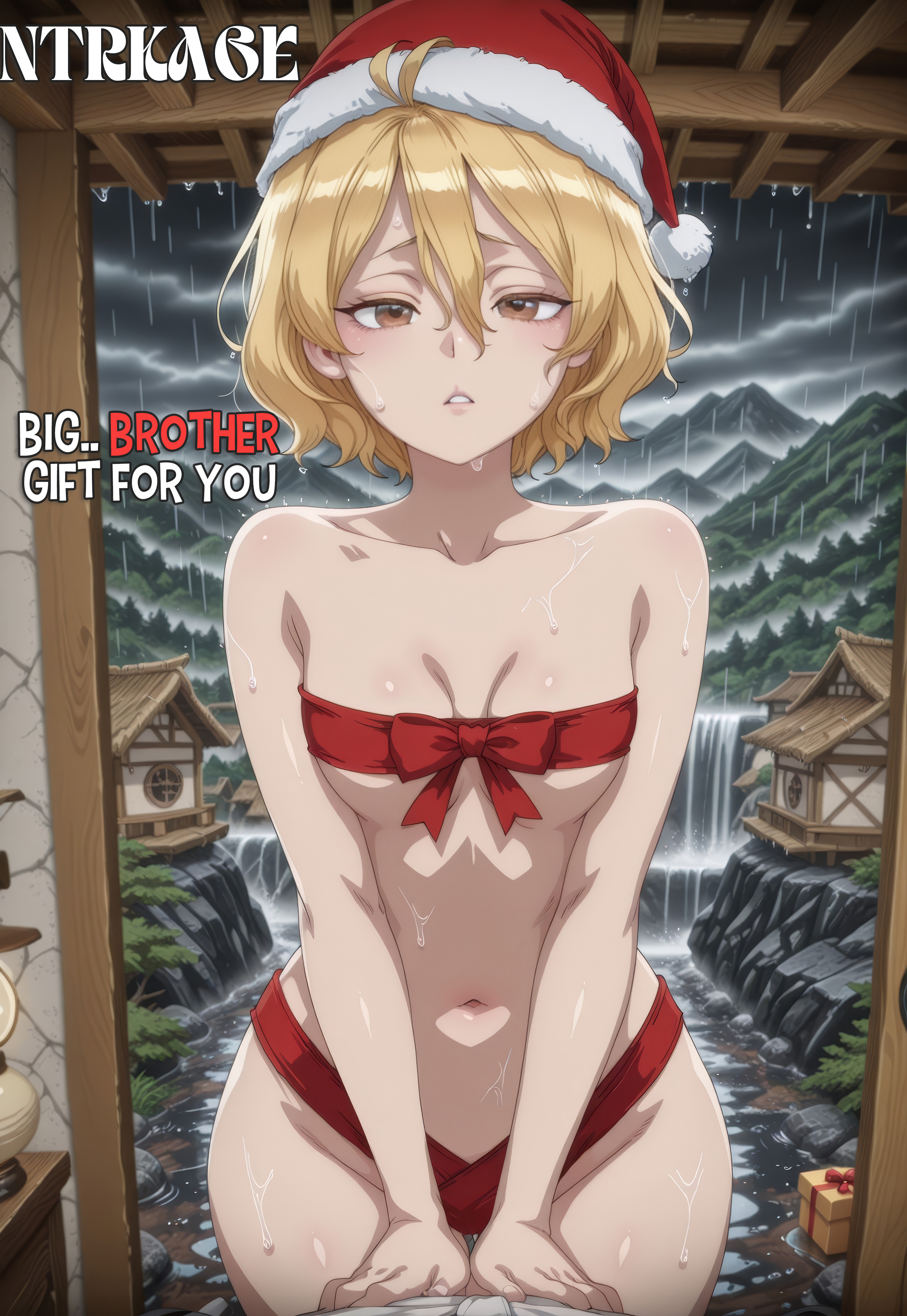 1girls, ai generated, brother and sister, christmas, christmas outfit, curvy hips, curvy waist, dr.stone, english text, gift, gift wrapped female, hi res, highres, ishigami senku, looking at viewer, male pov, naked, ntrkage, nude, petite, petite body, pov, rain, raining, sister, slim waist, small breasts, suika (dr.stone), sweatdrop, thick thighs, wet