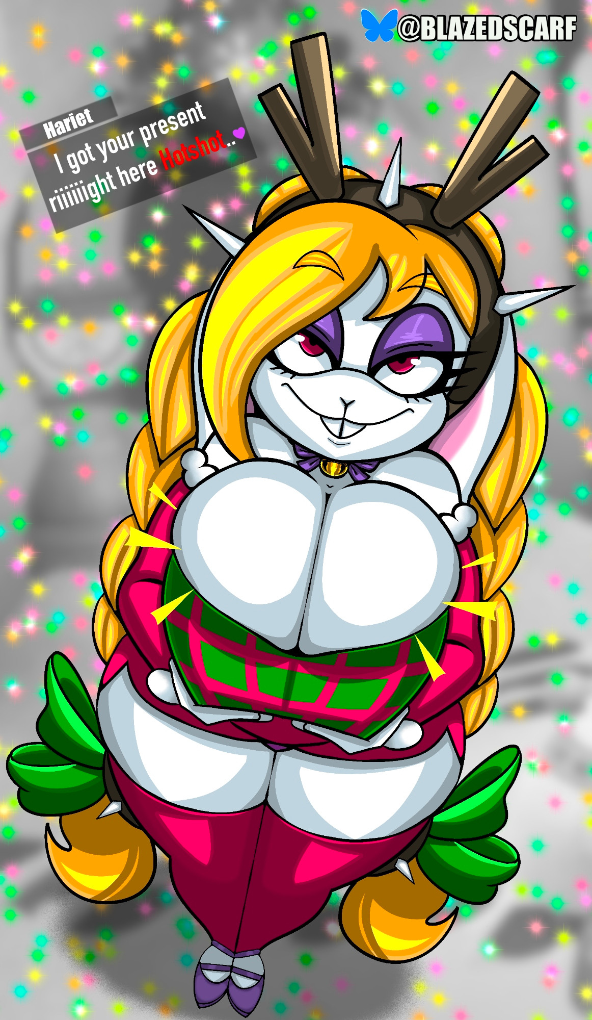 1girls, anthro, anthro female, big breasts, big thighs, blazedscarf, breasts, broodal, bunny girl, christmas, christmas clothing, christmas outfit, furry, furry female, furry only, gift, hariet (mario), holidays, large breasts, large thighs, mammal, mario (series), mature, mature female, rabbit, shortstack, super mario odyssey, text, thighhighs, wide hips, wide thighs