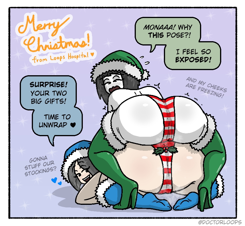 2girls, ass, ass focus, ass stack, ass to ass, back, bare back, bare shoulders, big ass, big butt, black eyes, black hair, blush, blush lines, bottom heavy, bubble ass, bubble butt, christmas, curvaceous, curvy, curvy female, curvy figure, dialogue, doctorloops, embarrassed, embarrassed female, english text, fat ass, female, female focus, female only, hat, headwear, heart, hearts around head, holidays, huge ass, huge butt, invitation, inviting, inviting to sex, inviting viewer, large ass, laying, laying on person, laying on stomach, light skin, light-skinned female, looking back, lying, lying on person, lying on stomach, medium hair, merry christmas, mistletoe, mistletoe on ass, mona (doctorloops), panties, presenting, presenting ass, presenting butt, presenting hindquarters, santa hat, short hair, simple background, sitting on person, smile, smiling, speech bubble, spoken heart, stockings, striped panties, striped underwear, tagme, text, thick ass, thick thighs, thighhigh boots, thighhighs, thighs, veronica (doctorloops), veronica and mona, voluptuous, voluptuous female, white body, white skin
