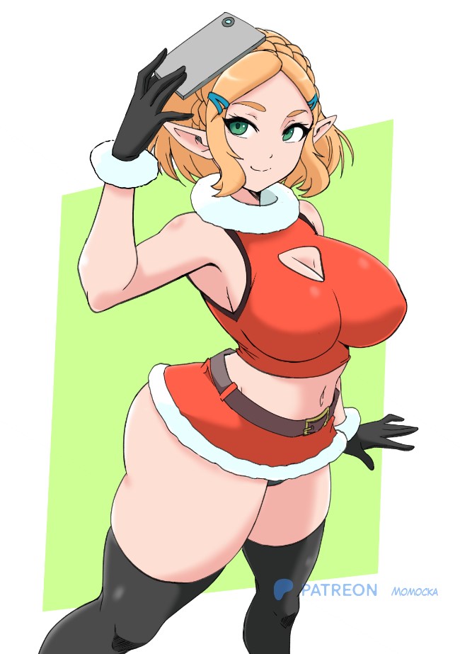 belt, black belt, black gloves, black panties, black thighhighs, blonde hair, braid, breasts, cellphone, christmas, cleavage, cleavage cutout, clothing cutout, crown braid, female, female only, fur trim, fur-trimmed gloves, fur-trimmed shirt, fur-trimmed skirt, gloves, green eyes, hair ornament, hairclip, holding, holding phone, large breasts, looking up, midriff, momocka art, navel, nintendo, panties, panty peek, phone, pointy ears, princess zelda, red shirt, red skirt, santa costume, selfie, shirt, short hair, skirt, sleeveless, sleeveless shirt, smartphone, smile, standing, tears of the kingdom, the legend of zelda, thick thighs, thighhighs, thighs, underwear, white background, wide hips, zelda (tears of the kingdom)