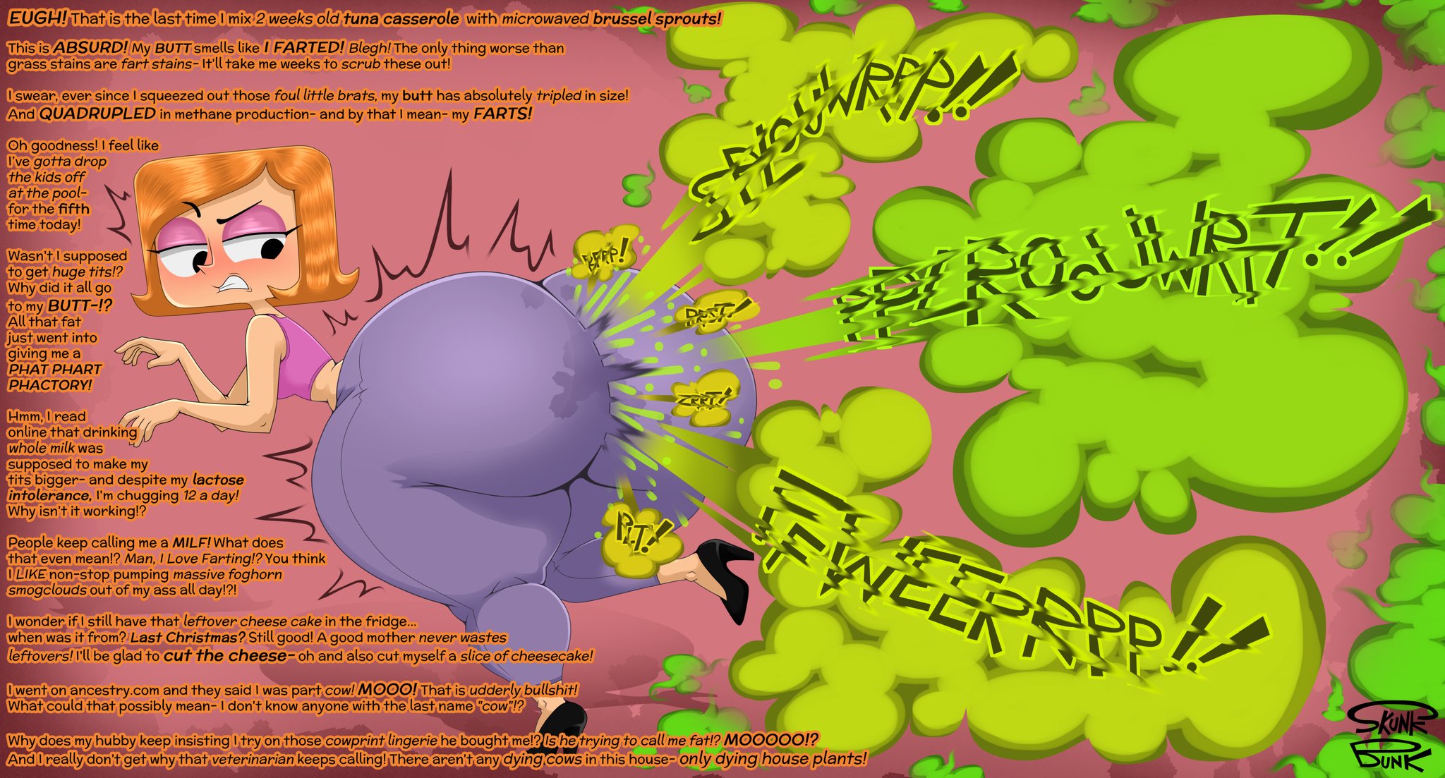 1girls, 2020s, 2025, 2025s, ass, ass bigger than breasts, ass bigger than head, ass bigger than torso, ass focus, big booty, big fart, black heels, blushing, bold text, booty, bottom heavy, bottom heavy female, bubble ass, bubble butt, cartoon milf, cartoon mom, cartoon network, child bearing hips, child-bearing hips, complaint, debbie turnbull, english text, eproctophillia, eyebrows raised, fair skin, fair-skinned female, fart, fart cloud, fart fetish, fart stain, farts, fetish, full body, full of gas, gassy, gassy female, green fart, green fart cloud, green gas, green gas cloud, heels, high heels, huge butt, human, implied pooping, implied scat, jpeg, lactose intolerance, lavender eyeshadow, leggings, massive ass, massive booty, massive butt, mentioned character, midriff, midriff baring shirt, milf, mother, motion lines, one foot raised, one foot up, one leg raised, one leg up, onomatopoeia, orange hair, pear shaped, pear-shaped figure, pink shirt, pink top, purple eyeshadow, purple leggings, robotboy, round ass, round butt, short hair, skunk bunk, soles female, solo, solo focus, stain, stained clothing, stained pants, standing on one leg, swamp ass, swampass, text, thicc, thicc ass, thicc thighs, thick as fuck, thick butt, thick legs, thick lips, thighs, thin arms, thin waist, thunderthighs, twitter link, voluptuous, voluptuous body, voluptuous female, wall of text, wasp waist, watermark, wide hips