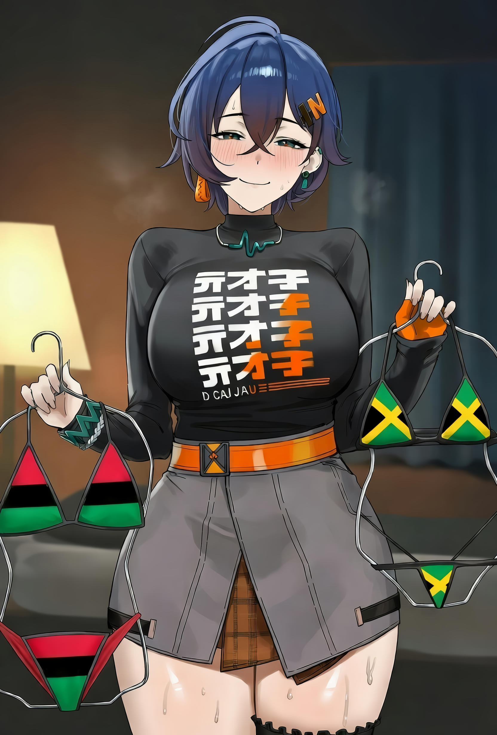 1girls, ai generated, bedroom, belle (zenless zone zero), blue hair, blush, female, huge breasts, indoors, jamaican flag, jamaican flag bikini, lamp, looking at viewer, pan african colors, pan-african colors, pan-african flag, pan-african flag bikini, raceplay, shikicum69, short hair, smile, snowbunny, solo, thick thighs, wide hips, zenless zone zero