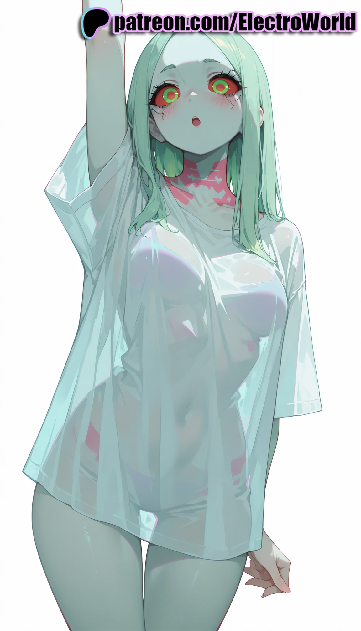 1girls, 2025, ai generated, artist name, blush, breasts, bust, chest, colored skin, cyberpunk: edgerunners, electroworld, female, green hair, hi res, high quality, high resolution, highres, long hair, navel, open mouth, patreon, patreon username, rebecca (edgerunners), see-through, shirt, simple background, solo, stable diffusion, watermark, white background, white shirt