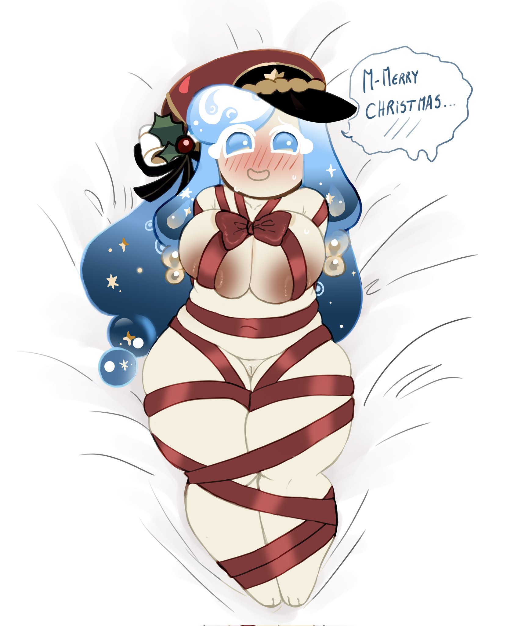 1girls, big breasts, blue eyes, blue hair, blush, bondage, christmas, color, cookie run, cookie run kingdom, dialogue, english text, female, female focus, female only, light-skinned female, looking at viewer, magpieredd, merry christmas, on back, on bed, ribbon, ribbon bondage, ribbons, seltzer cookie, sweat, tagme, talking to viewer, text, tied up, twitter link