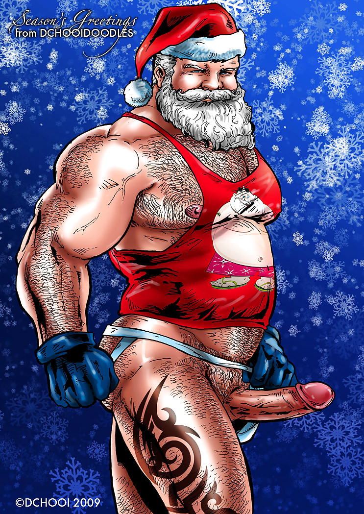 1male balls beard big_penis dchooi erect_penis erection facial_hair foreskin gloves hairy intact jockstrap male multiple_males muscles penis retracted_foreskin santa santa_claus santa_hat season's_greetings tank_top tattoo uncut yaoi