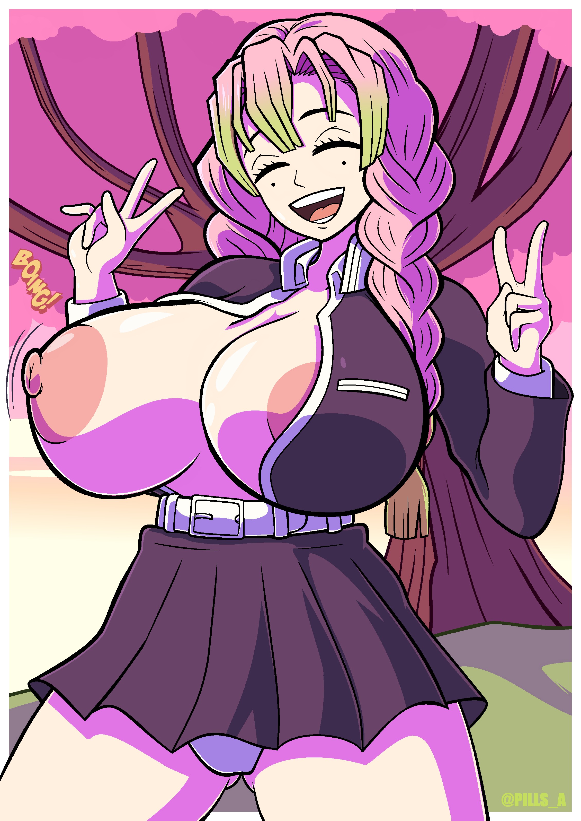 1girls, areola slip, areolae, belt, big breasts, black skirt, blush, bouncing breasts, breast focus, breasts, busty, closed eyes, clothing, demon slayer, double peace sign, female, female only, green highlights, green thighhighs, hair, huge breasts, kanroji mitsuri, kimetsu no yaiba, large breasts, long hair, mole, mole under eye, nipples, one breast out, onomatopoeia, panties, peace sign, pills-in-a-little-cup, pink hair, skirt, smile, solo, solo female, thick thighs, thighhighs, thighs, wardrobe malfunction, white panties