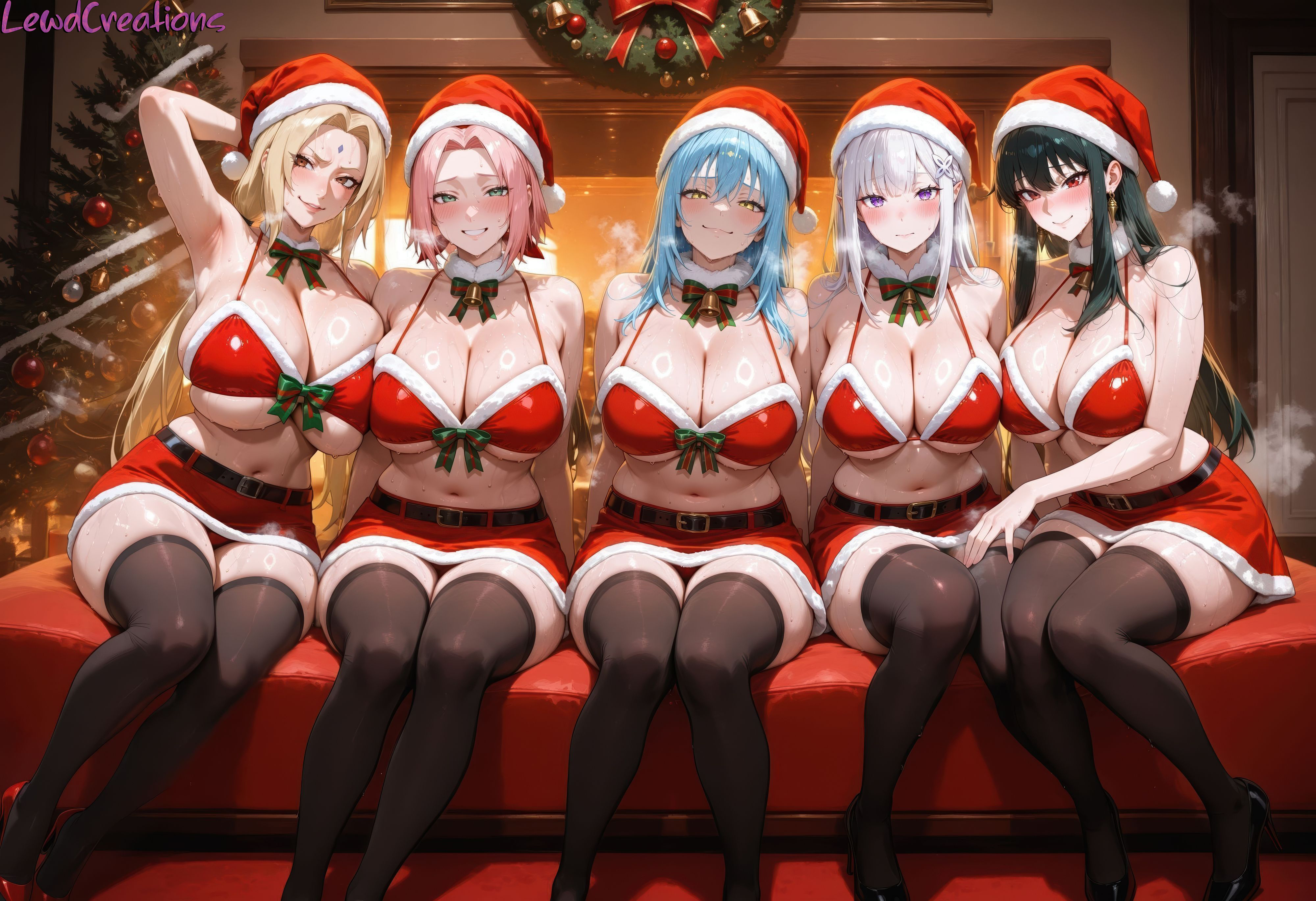 1girls, 5girls, absurd res, ai generated, big breasts, black hair, blonde female, blonde hair, blush, blush lines, breasts, christmas, christmas clothing, christmas hat, christmas outfit, christmas tree, crossover, curvy, curvy figure, elf, elf ears, elf female, elf girl, emilia (re:zero), female, green eyes, high resolution, highres, huge breasts, lewdcreationsai, light skin, light-skinned female, naruto, naruto (classic), naruto (series), naruto shippuden, pink hair, purple eyes, re:zero kara hajimeru isekai seikatsu, red eyes, rimuru tempest, sakura haruno, sexually suggestive, silver hair, sitting, spy x family, stable diffusion, steam, steaming body, steamy breath, sweat, sweatdrop, sweating, sweaty, tagme, tensei shitara slime datta ken, that time i got reincarnated as a slime, thick, thick legs, thick thighs, thighhighs, thighs, tsunade, white hair, yor briar