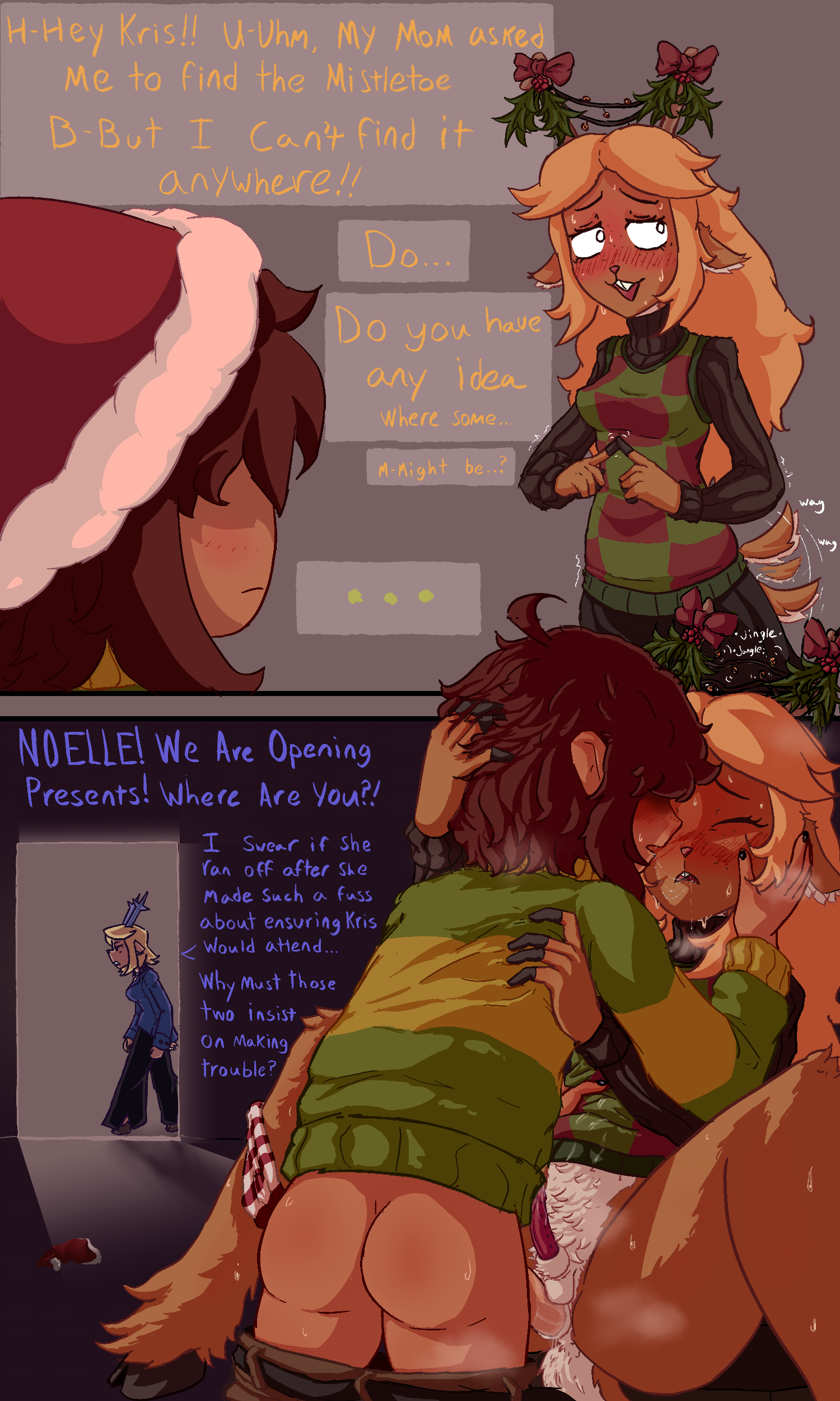 1futa, almost caught, alternate version available, anal, anal juice, anthro, balls on penis, between legs, bklo, carol holiday, cervine penis, clothed sex, deer, deer girl, deltarune, dialogue, fluffy, furry, futanari, half-dressed, hand on cheek, hand on head, kissing, kris (deltarune), leaking penis, mistletoe, noelle holiday, painted nails, penis size difference, precum, risky sex, saliva, saliva trail, shy, tail, tailwag, text