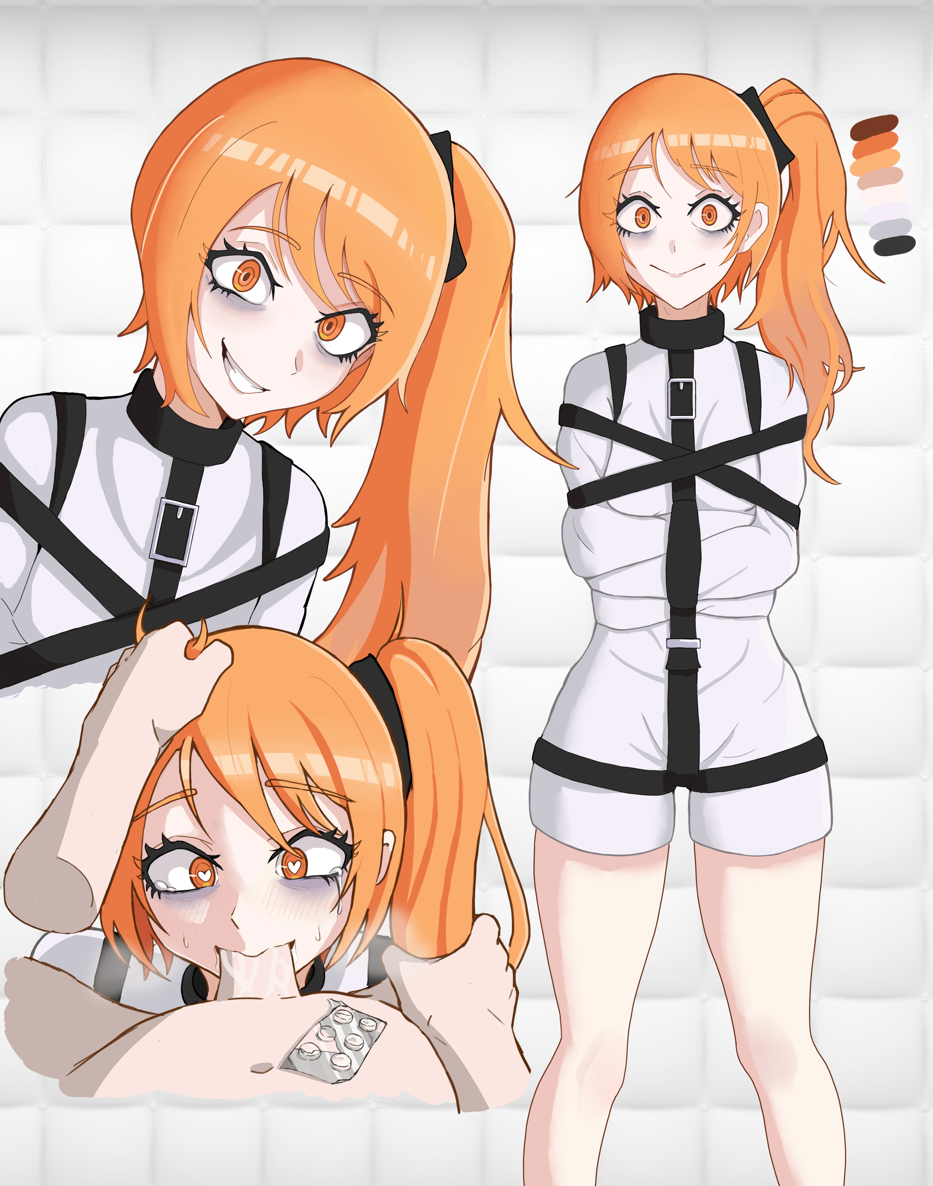 1girls, asylum, blowjob, blush, bondage, bound, bound arms, crazy smile, evil smile, eye contact pov, female, female focus, female yandere, femsub, grin, heart-shaped pupils, long hair, lotta weiss, padded walls, red hair, restrained, straitjacket, sucking, vingete, yandere, yandere eyes