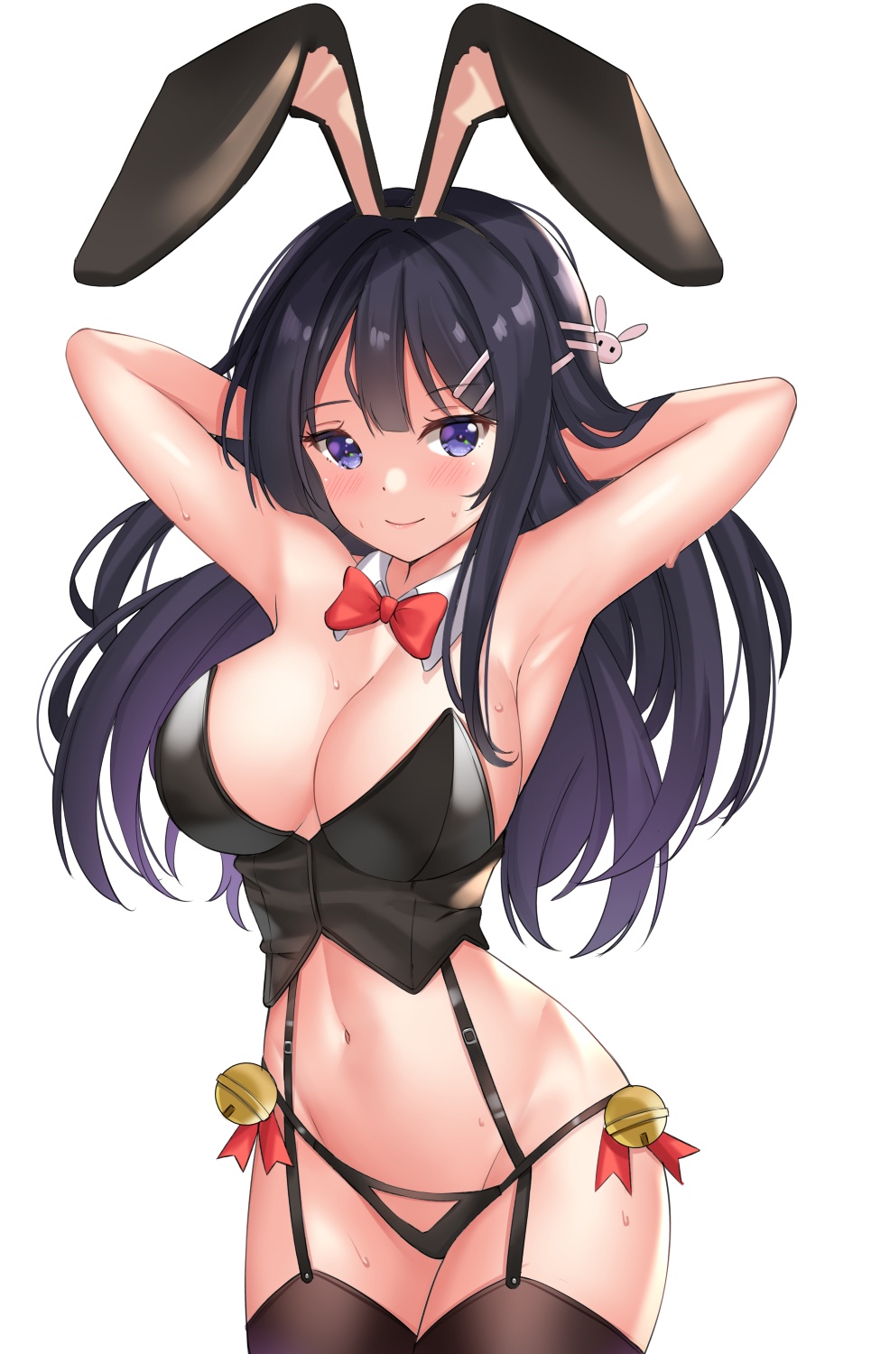 1girls, 2d, 2d (artwork), 2d artwork, arm behind head, armpit, armpit crease, armpit focus, armpit peek, armpit sweat, armpits, arms behind head, bare armpits, bare arms, bare belly, bare chest, bare hips, bare navel, bare shoulders, bare skin, bare thighs, belly, belly button, big breasts, black bunny ears, black bunnysuit, black garter straps, black hair, black legwear, black leotard, black stockings, black thigh highs, black thighhighs, black topwear, black-haired female, blackheartxiii, blue eyes, blue-eyed female, blush, blush face, blushing at viewer, blushing female, blushing lines, bowtie, breasts, bunny ears, bunnygirl, bunnygirl outfit, bunnysuit, busty, busty female, busty girl, cleavage, closed mouth smile, collar, collarbone, curvaceous, curvaceous body, curvaceous female, curvaceous figure, curvaceous hips, curvaceous thighs, curvy, curvy body, curvy female, curvy figure, curvy hips, curvy thighs, digital, digital art, digital drawing, digital drawing (artwork), digital media, digital media (artwork), elbows, exposed armpits, exposed arms, exposed belly, exposed chest, exposed hips, exposed navel, exposed shoulders, exposed skin, exposed thighs, eyebrows visible through hair, female, female focus, female only, garter straps, groin, hair between eyes, hair clip, hair clips, hair ornament, hair ornaments, hairclip, hairclips, hairless armpits, hand behind head, hands behind head, high resolution, highres, hourglass figure, inguinal crease, inguinal ligament, large boobs, large breasts, lean figure, legs closed, legs together, legwear, leotard, light smile, linea alba, long hair, looking at viewer, midriff, narrow waist, navel, posing, posing for the viewer, presenting armpit, red bowtie, sakurajima mai, seishun buta yarou wa bunny girl senpai no yume wo minai, shaved armpits, shoulders, simple background, slender body, slender waist, slim waist, smile, smiley face, smiling, smiling at viewer, solo, standing, stockings, stomach, sweat, sweat on body, sweat on breasts, sweat on face, sweatdrop, sweating, sweaty, sweaty armpit, sweaty armpits, sweaty body, sweaty breasts, sweaty chest, sweaty face, sweaty female, sweaty thighs, thick thighs, thigh highs, thighhighs, thighs, thighs together, topwear, upper body, white background, white collar, wide hips