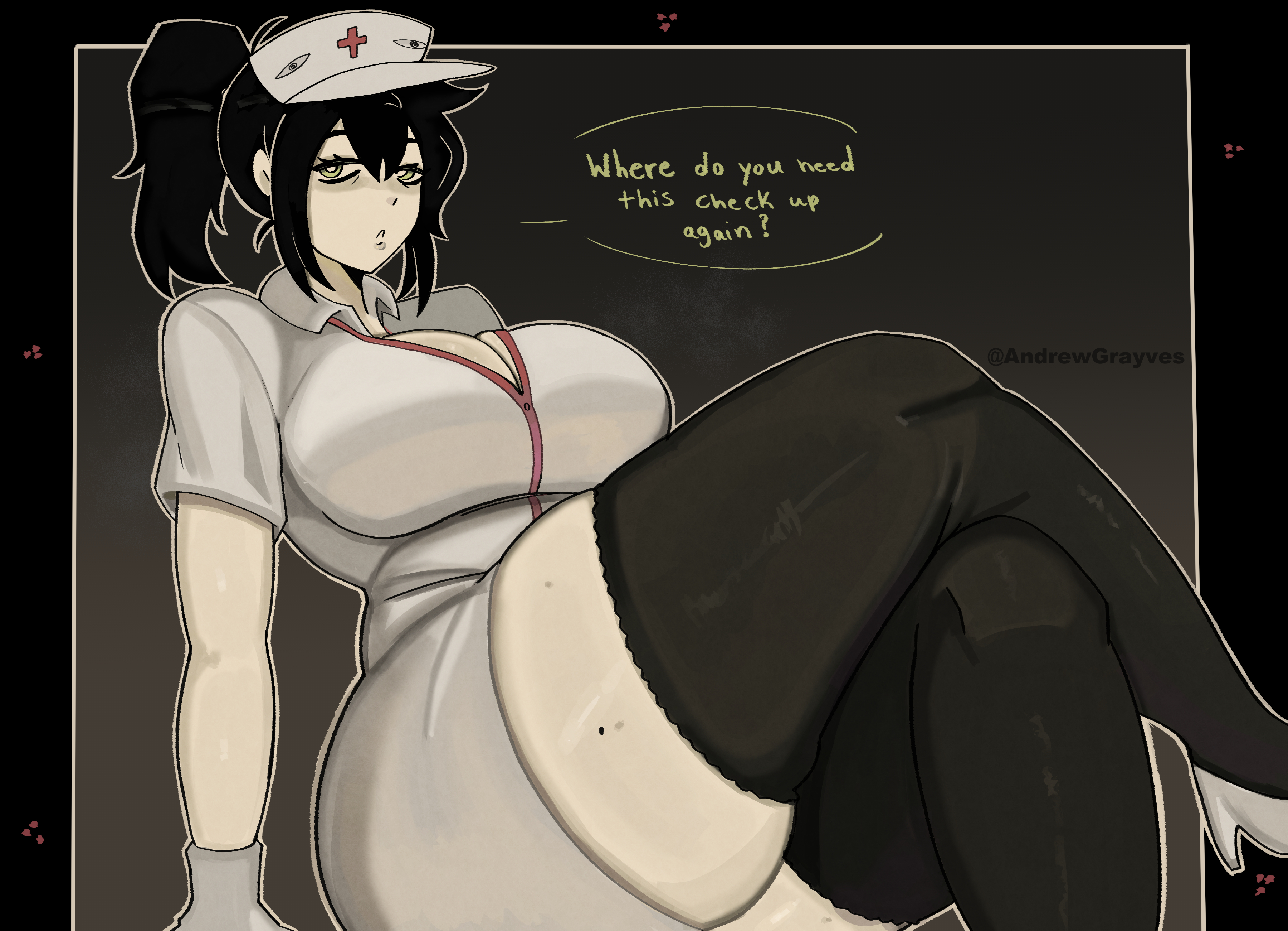 1girls, andrewgrayves, artist name, big breasts, black hair, black thighhighs, bottomwear, breasts, cleavage, clothing, crossed legs, english, english text, female, female only, footwear, green eyes, hair, hat, headwear, heels, legs crossed, legwear, mature, mature female, mature woman, milf, mother, nurse, nurse cap, nurse clothing, nurse hat, nurse uniform, ponytail, renee graves, solo, solo female, speech bubble, the coffin of andy and leyley, thick thighs, thighhighs, thighs, tied hair, topwear