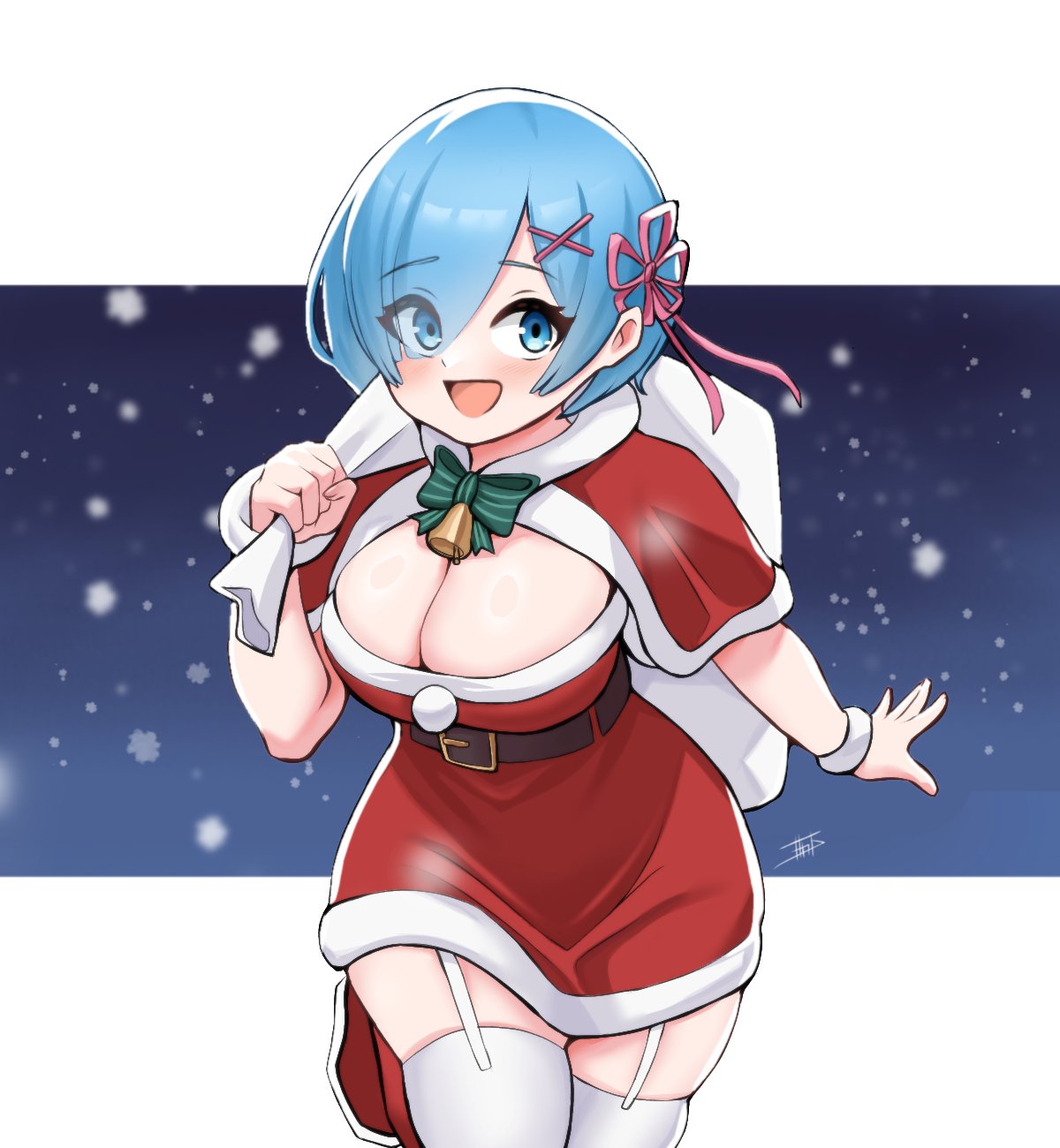 bell, blue eyes, blue hair, border, bow, bracelet, breasts, christmas, cleavage, commentary, dress, english commentary, eyes visible through hair, female, female only, green bow, hair ornament, hair over one eye, highres, holding, holding sack, jewelry, large breasts, light blush, miarin141, open mouth, pink ribbon, re:zero kara hajimeru isekai seikatsu, rem (re:zero), ribbon, sack, santa costume, santa dress, short hair, signature, smile, snow, solo, thighhighs, white border, x hair ornament