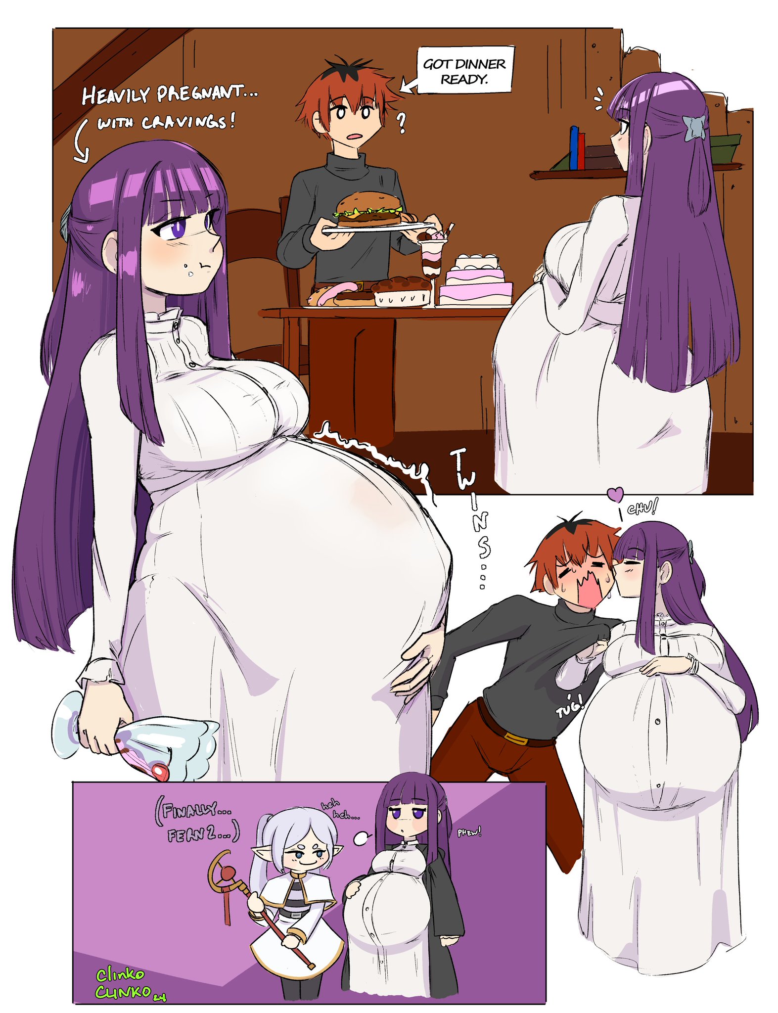 1boy, 2d, 2d (artwork), 2girls, belly bulge, belly expansion, belly growl, big belly, blush, bread, burger, cake, cheek kiss, clinkoclinko, color, comic, comic panel, dinner, dinner table, female, fern (sousou no frieren), food, frieren, fully clothed, fully clothed female, fully clothed male, heterosexual, hi res, highres, holding glass, holding object, holding plate, holding wand, huper, kiss, kissing cheek, male, malicious smile, maternity clothes, maternity dress, multiple panels, multiple pregnancies, pregnancy, pregnancy cravings, pregnant, pregnant belly, pregnant female, pregnant with multiples, purple eyes, purple hair, ready to pop, safe for work, sfw, smooch, source request, sousou no frieren, stark (sousou no frieren), wand, weight gain, white background, wide hips